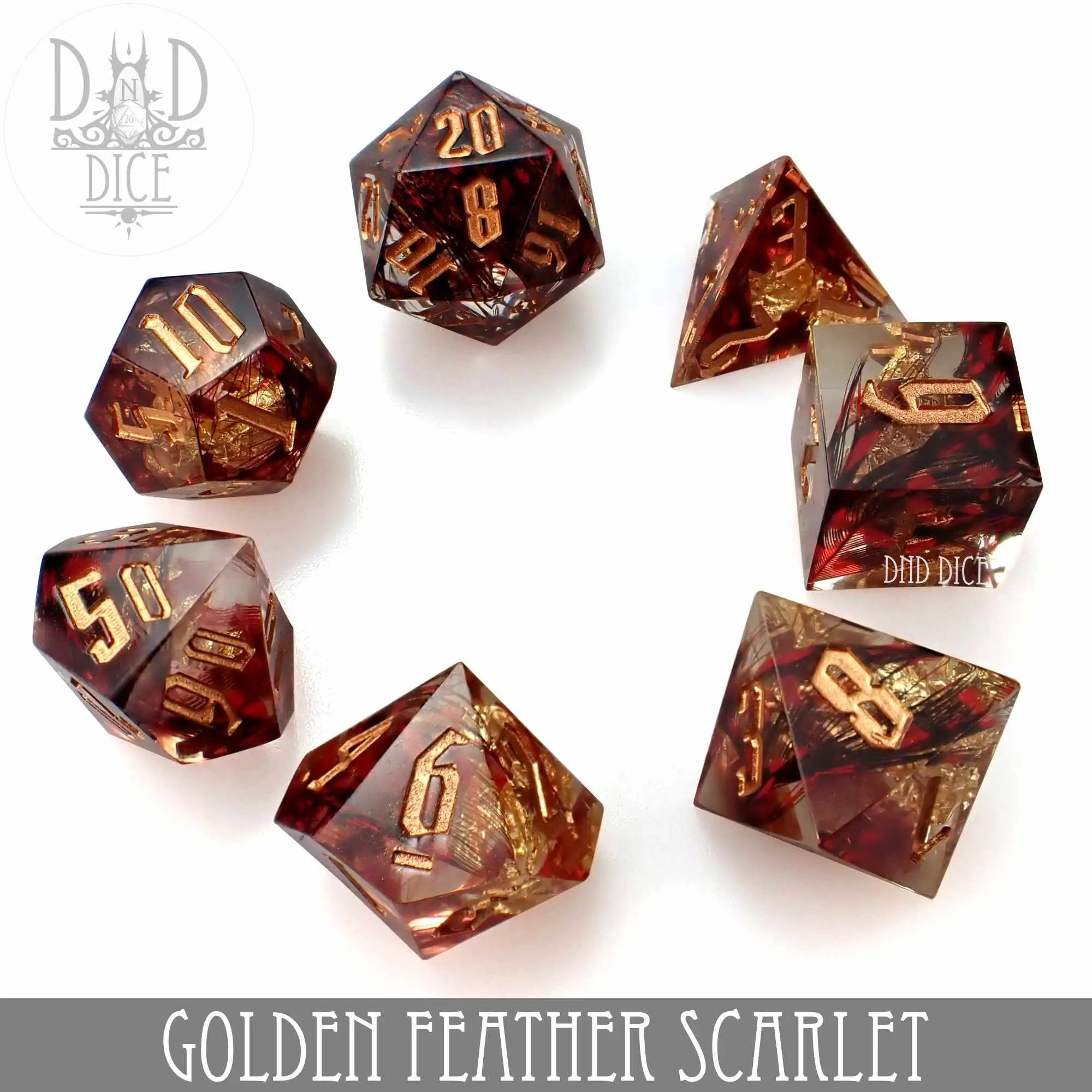 Golden Feather Scarlet Handmade Dice Set by DNDDICE.COM