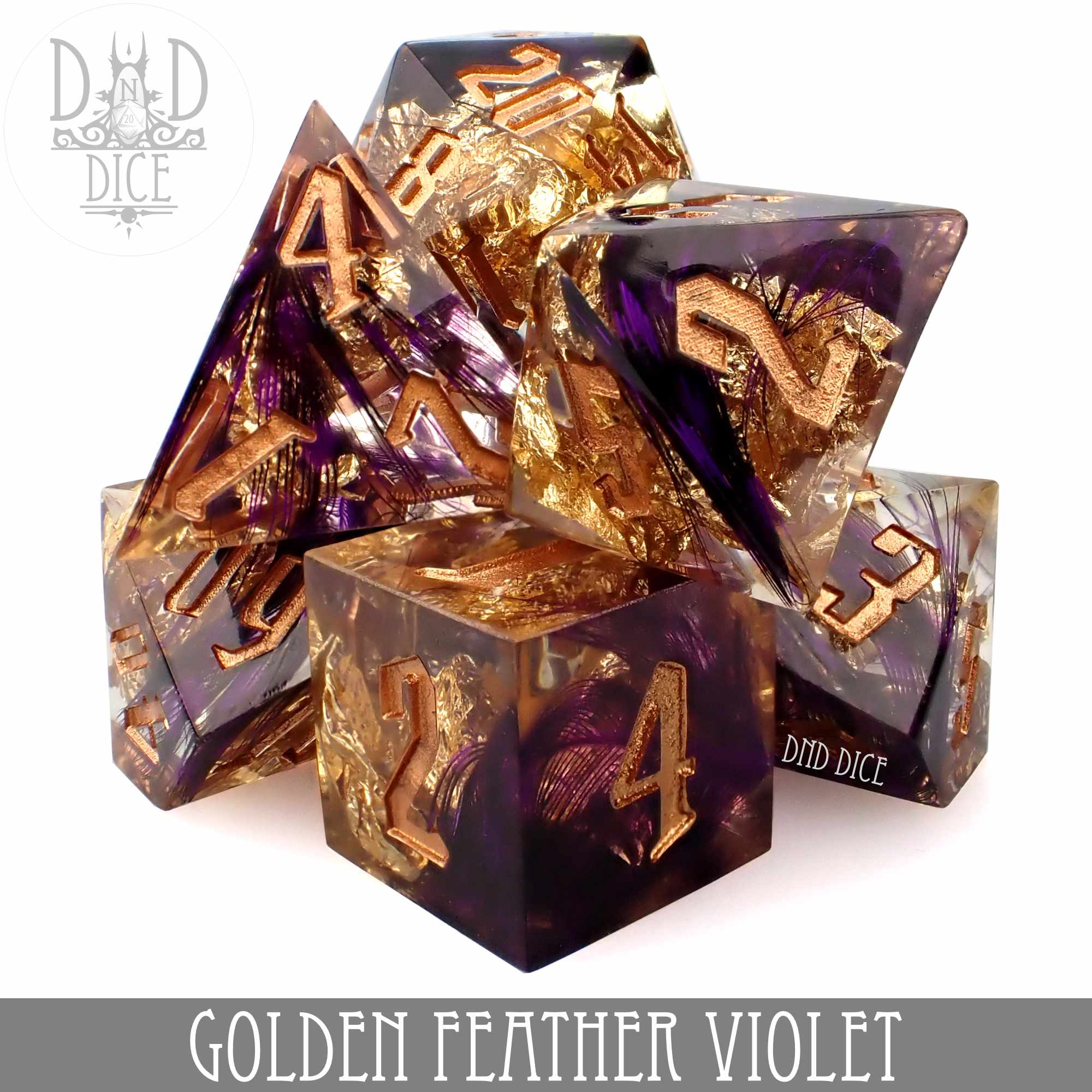 Golden Feather Violet Handmade Dice Set by DNDDICE.COM