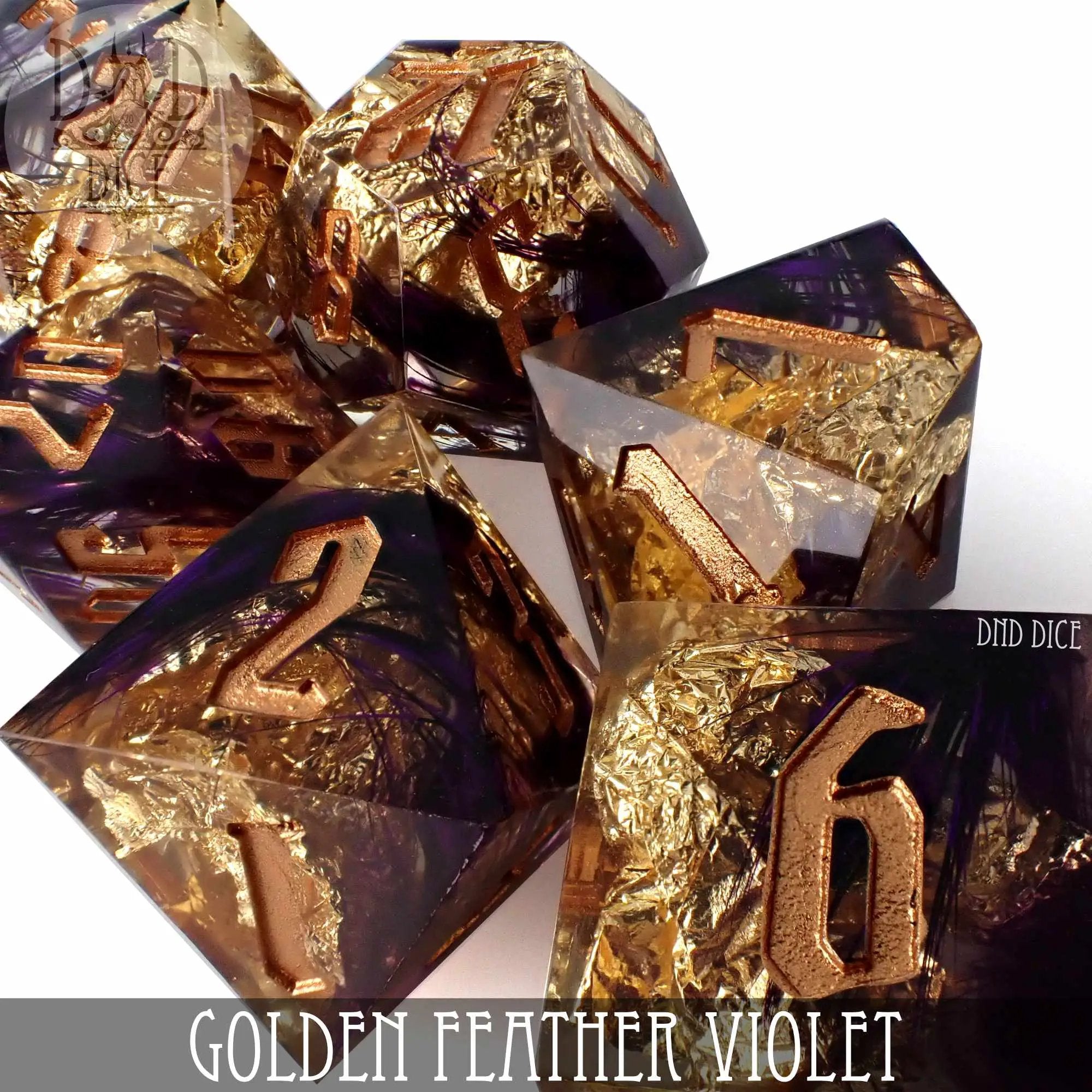 Golden Feather Violet Handmade Dice Set by DNDDICE.COM