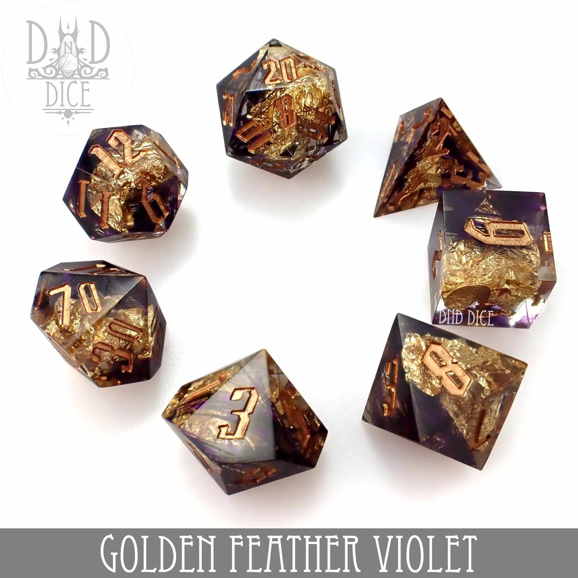 Golden Feather Violet Handmade Dice Set by DNDDICE.COM