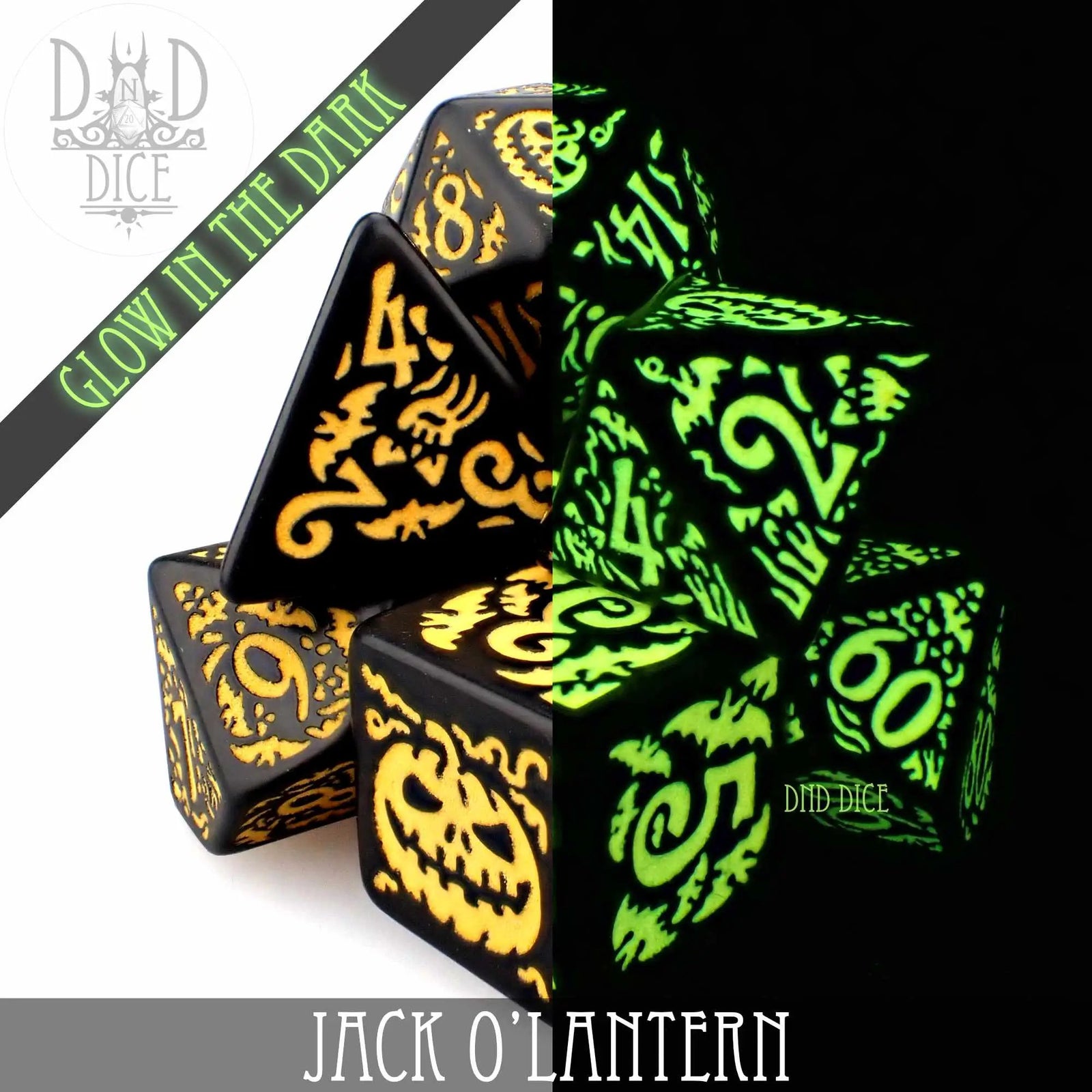 Jack O’Lantern Glow in the Dark Dice Set by DNDDICE.COM