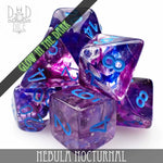 Nebula Nocturnal 7 or 11 Dice Set (Glow) by DNDDICE.COM