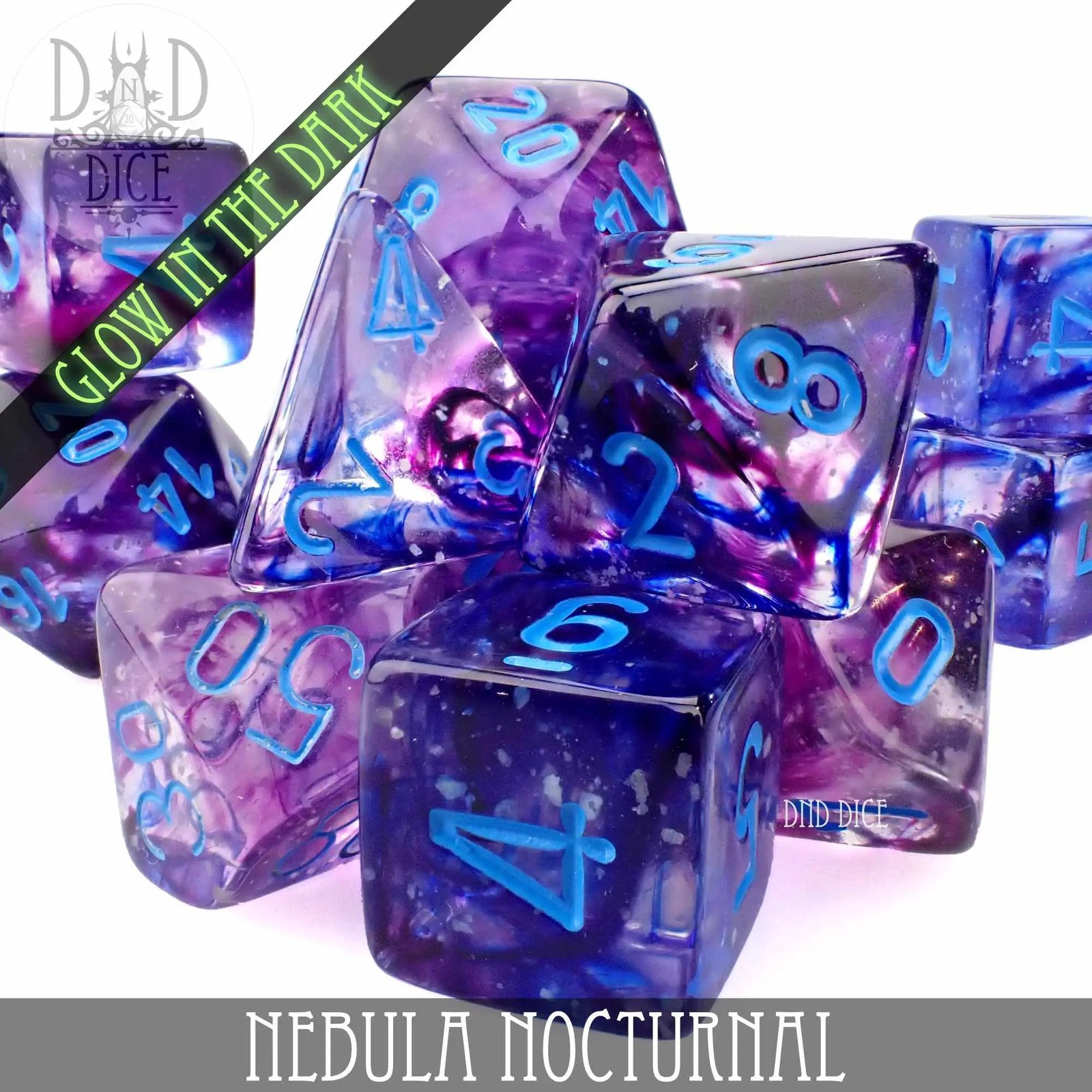Nebula Nocturnal 7 or 11 Dice Set (Glow) by DNDDICE.COM