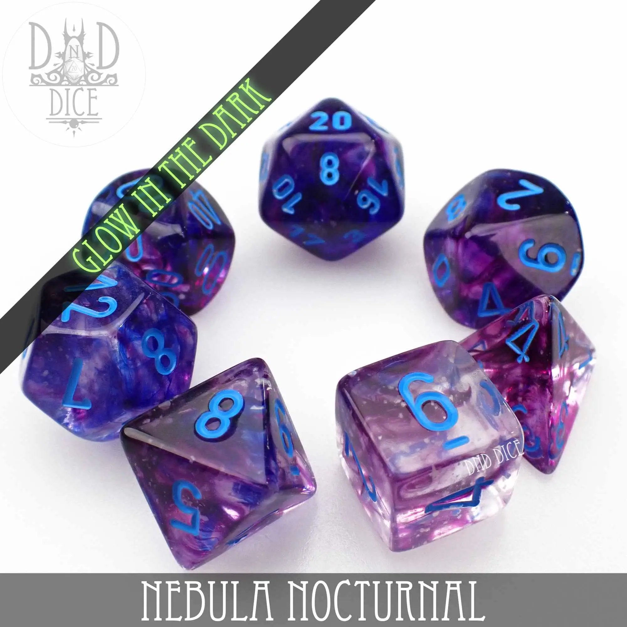 Nebula Nocturnal 7 or 11 Dice Set (Glow) by DNDDICE.COM