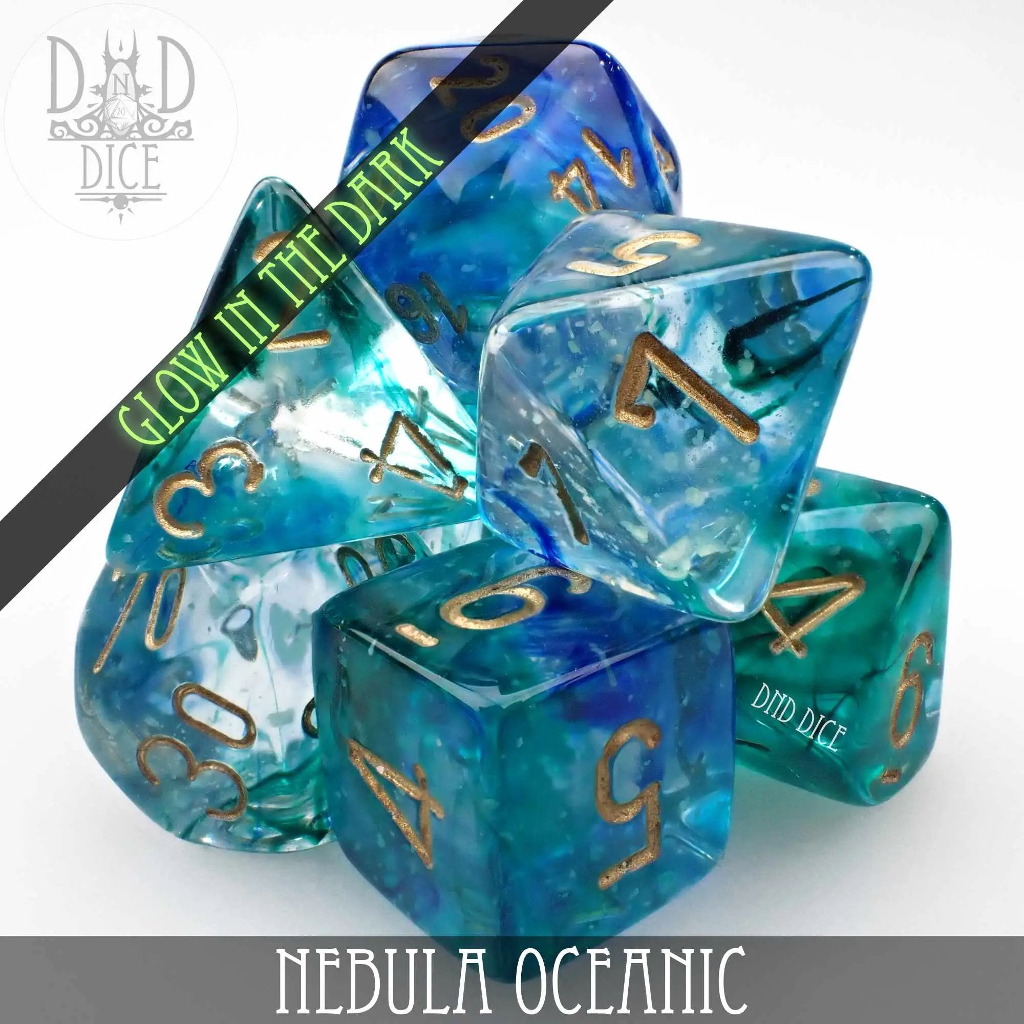 Nebula Oceanic 7 or 11 Dice Set (Glow) by DNDDICE.COM