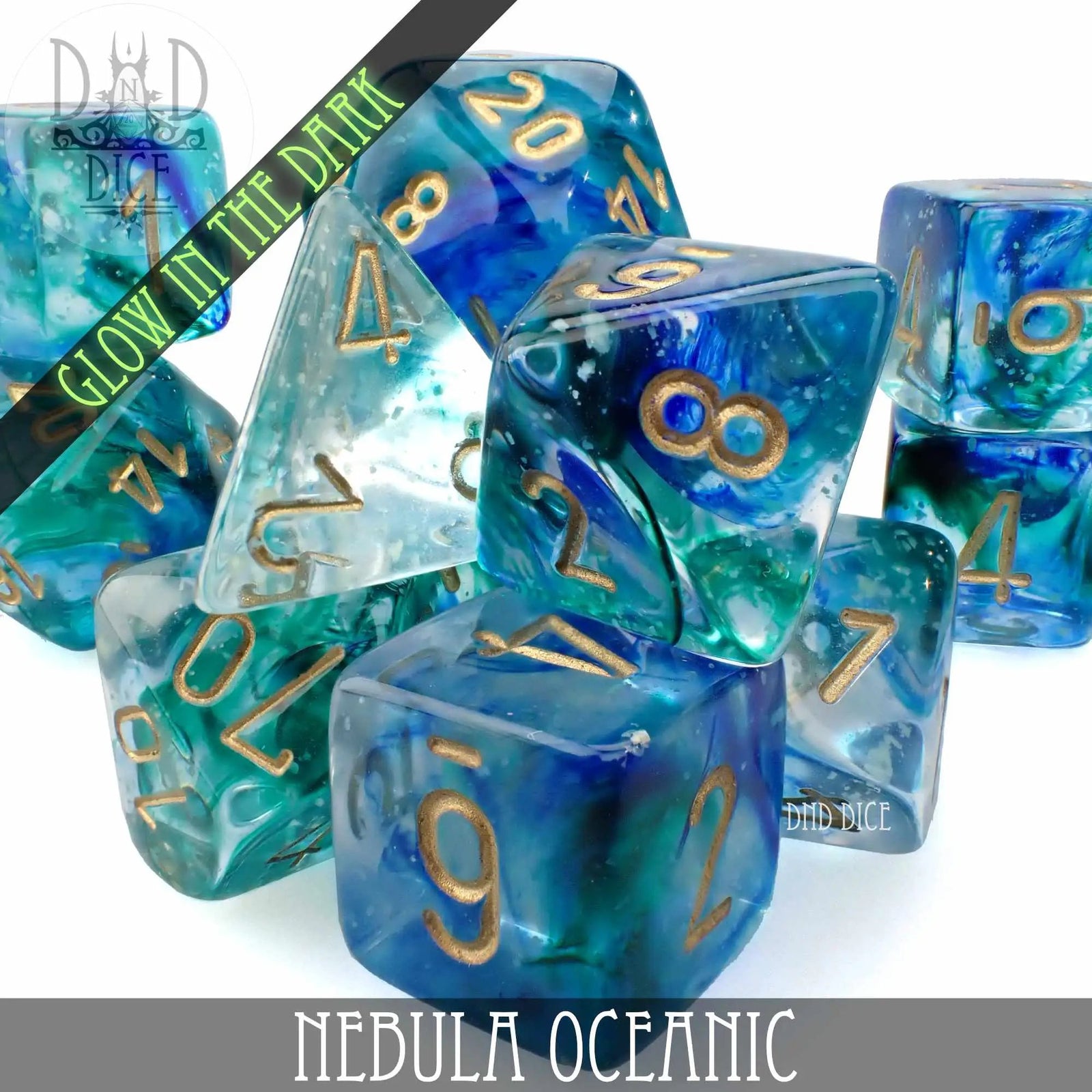 Nebula Oceanic 7 or 11 Dice Set (Glow) by DNDDICE.COM
