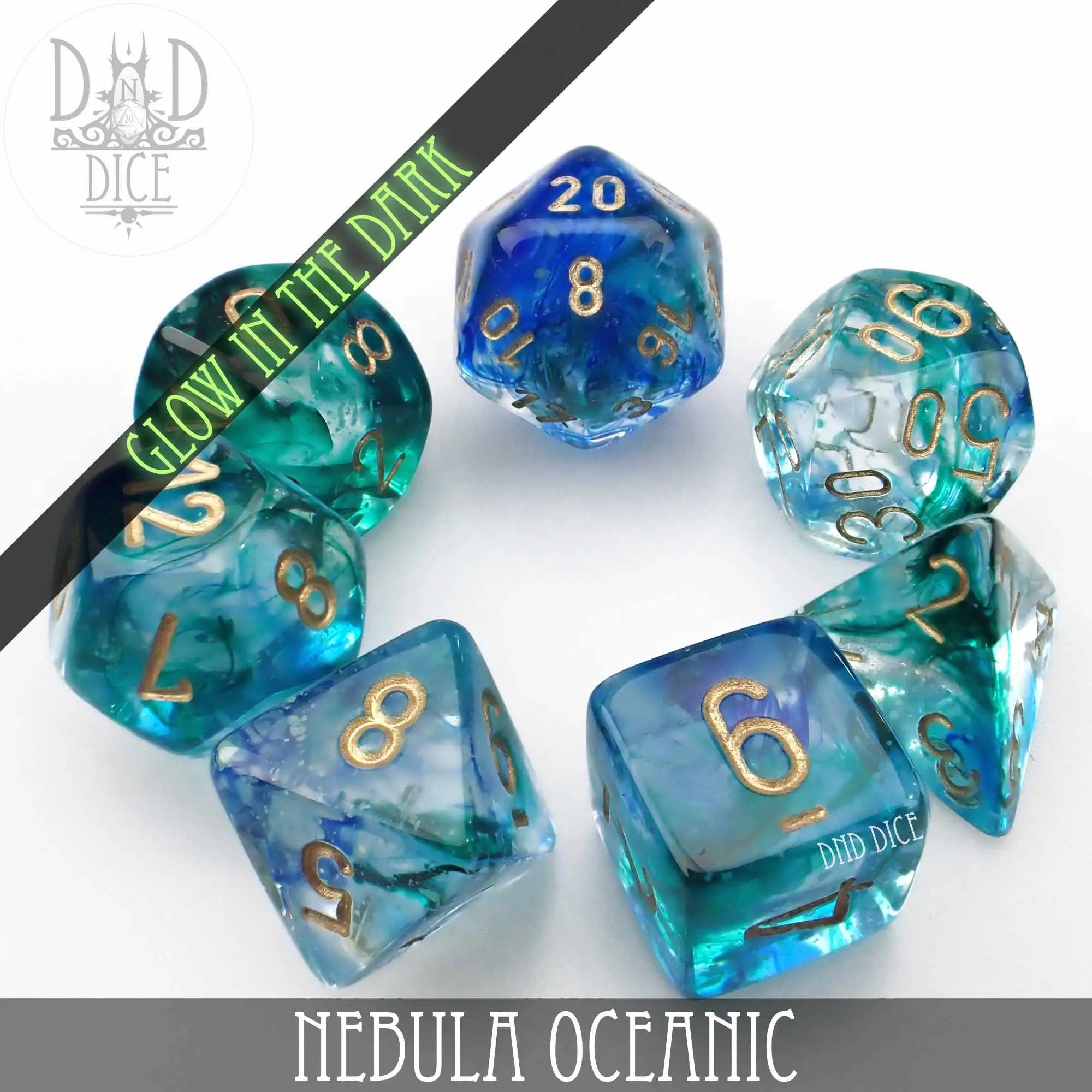 Nebula Oceanic 7 or 11 Dice Set (Glow) by DNDDICE.COM