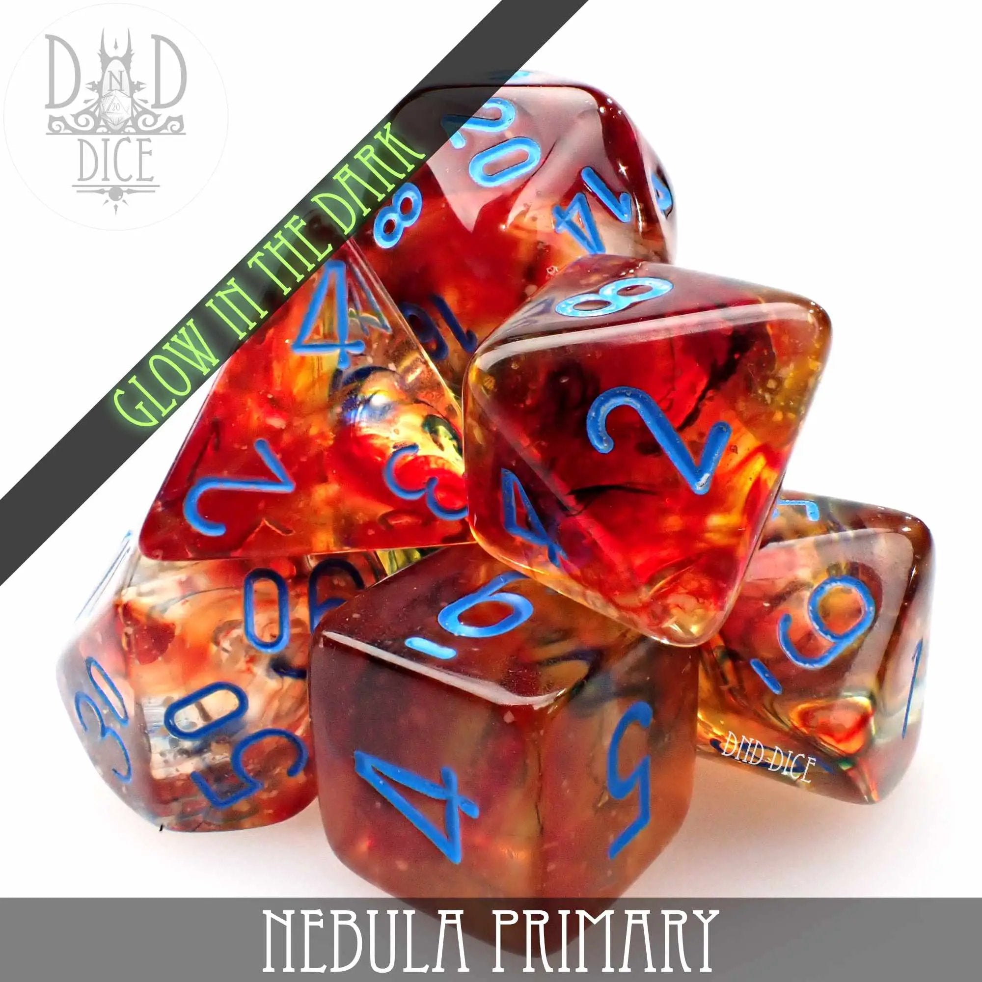 Nebula Primary 7 or 11 Dice Set (Glow) by DNDDICE.COM