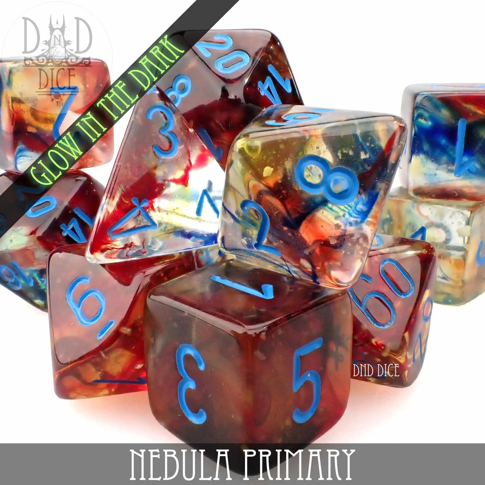 Nebula Primary 7 or 11 Dice Set (Glow) by DNDDICE.COM
