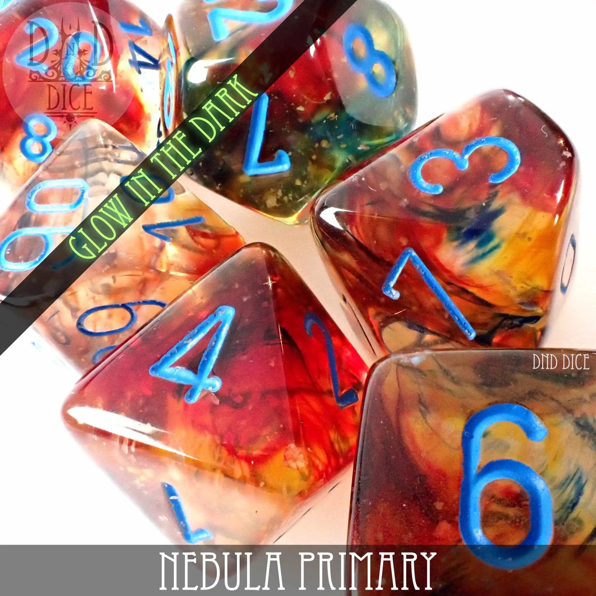 Nebula Primary 7 or 11 Dice Set (Glow) by DNDDICE.COM