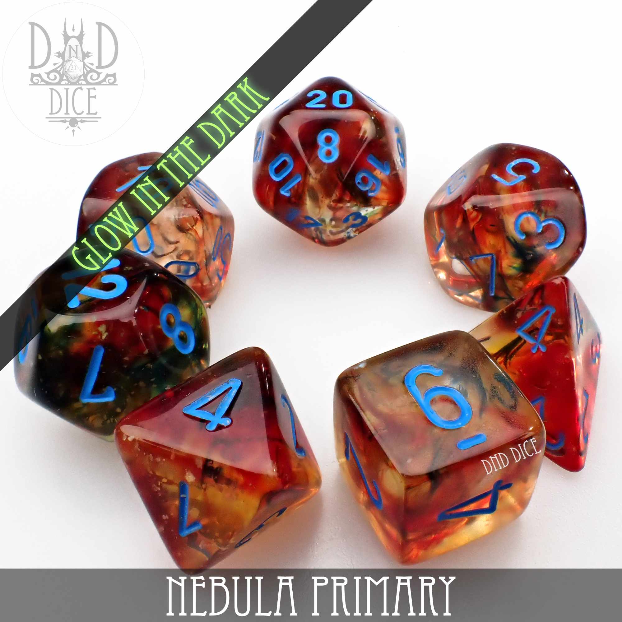 Nebula Primary 7 or 11 Dice Set (Glow) by DNDDICE.COM
