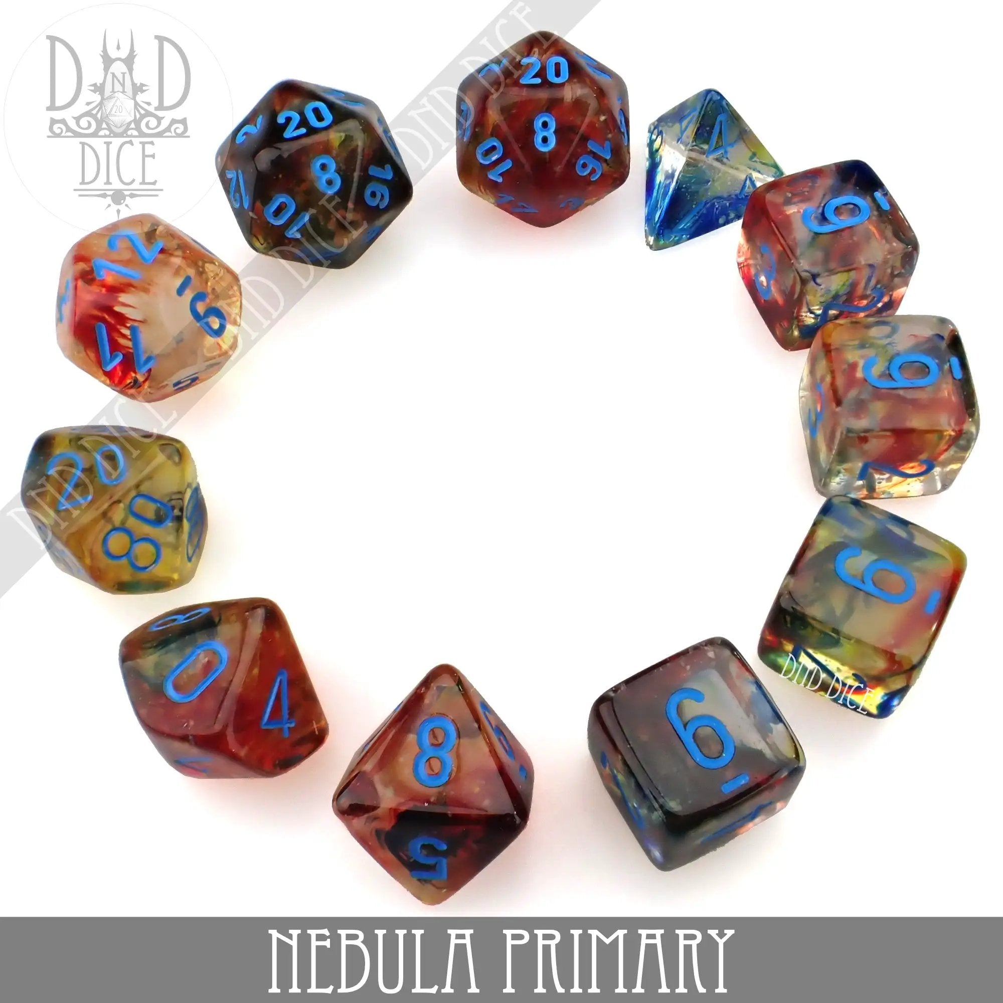 Nebula Primary 7 or 11 Dice Set (Glow) by DNDDICE.COM