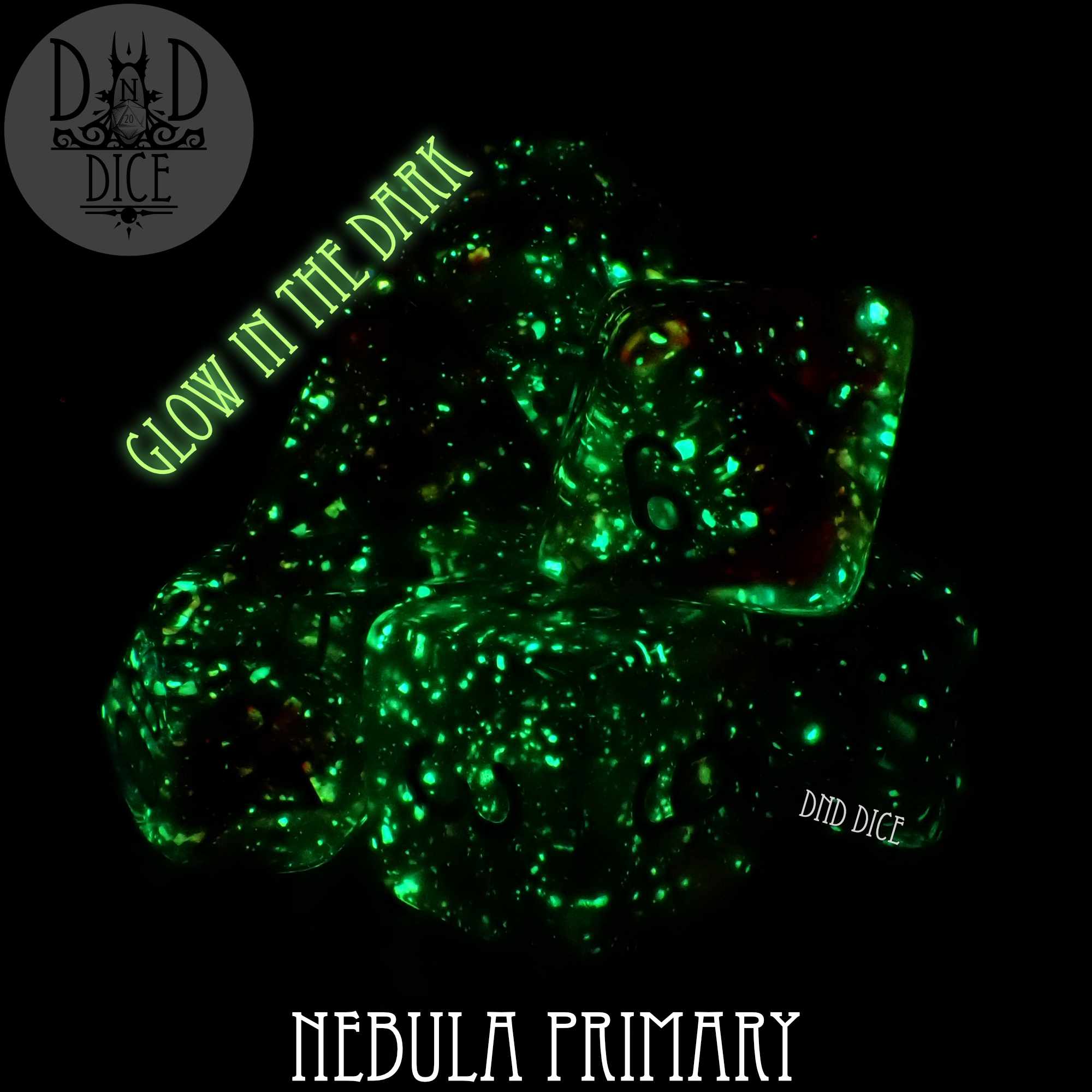 Nebula Primary 7 or 11 Dice Set (Glow) by DNDDICE.COM