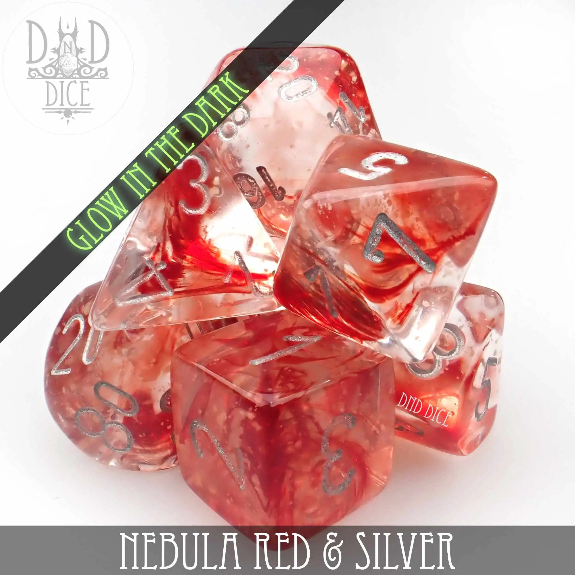 Nebula Red & Silver Dice Set (Glow) by DNDDICE.COM