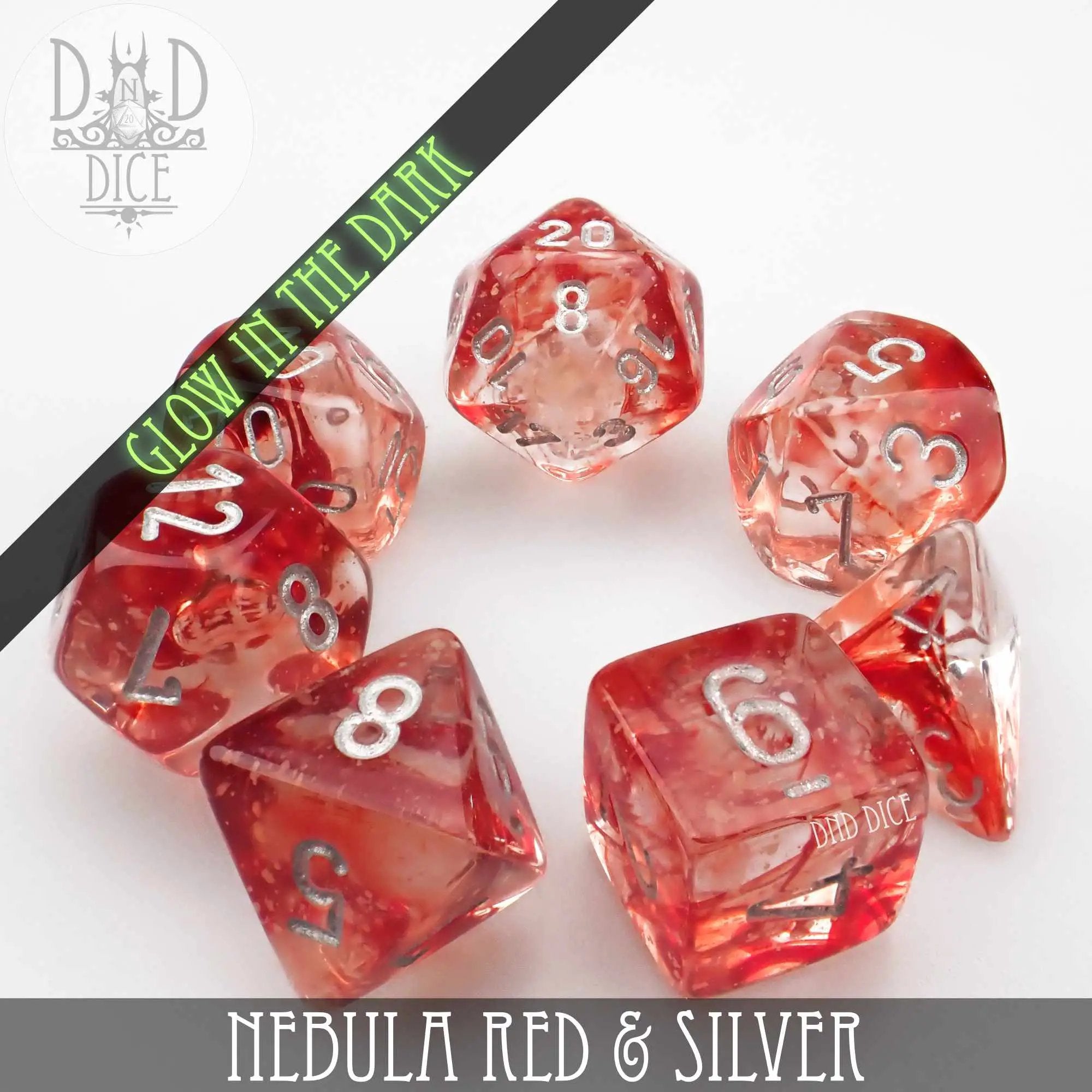 Nebula Red & Silver Dice Set (Glow) by DNDDICE.COM