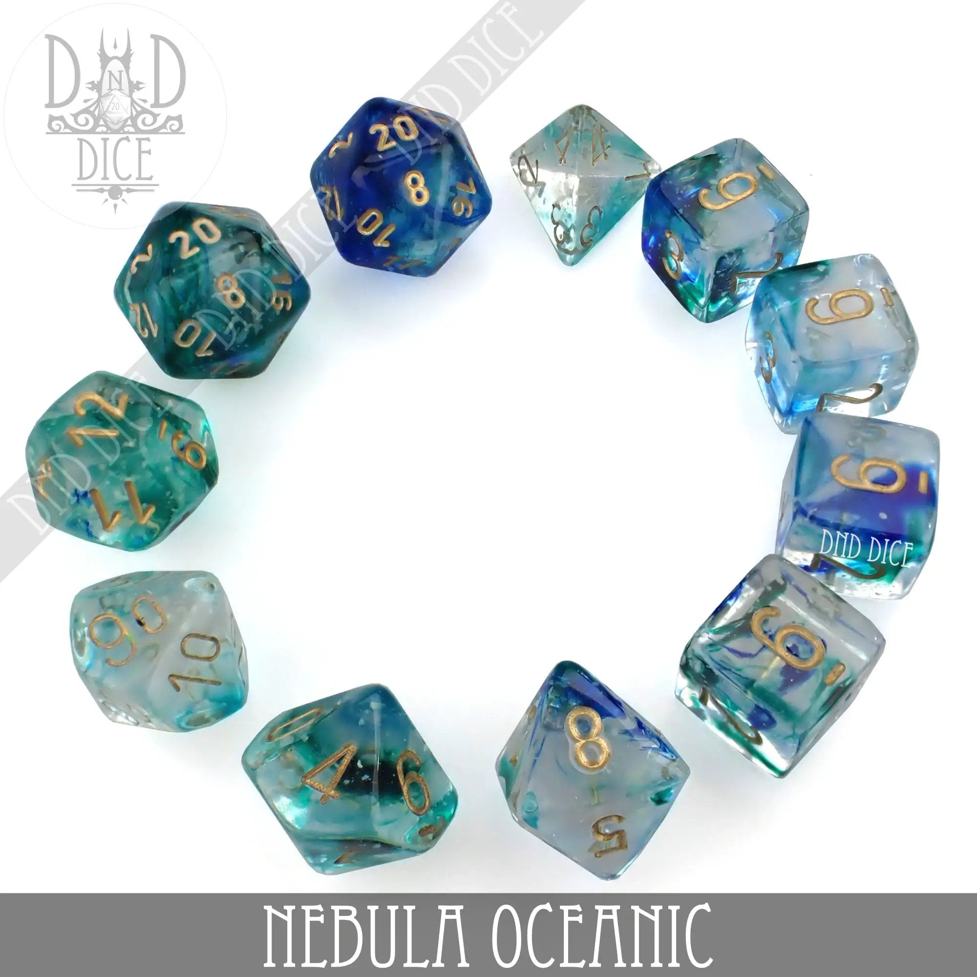 Nebula Oceanic 7 or 11 Dice Set (Glow) by DNDDICE.COM