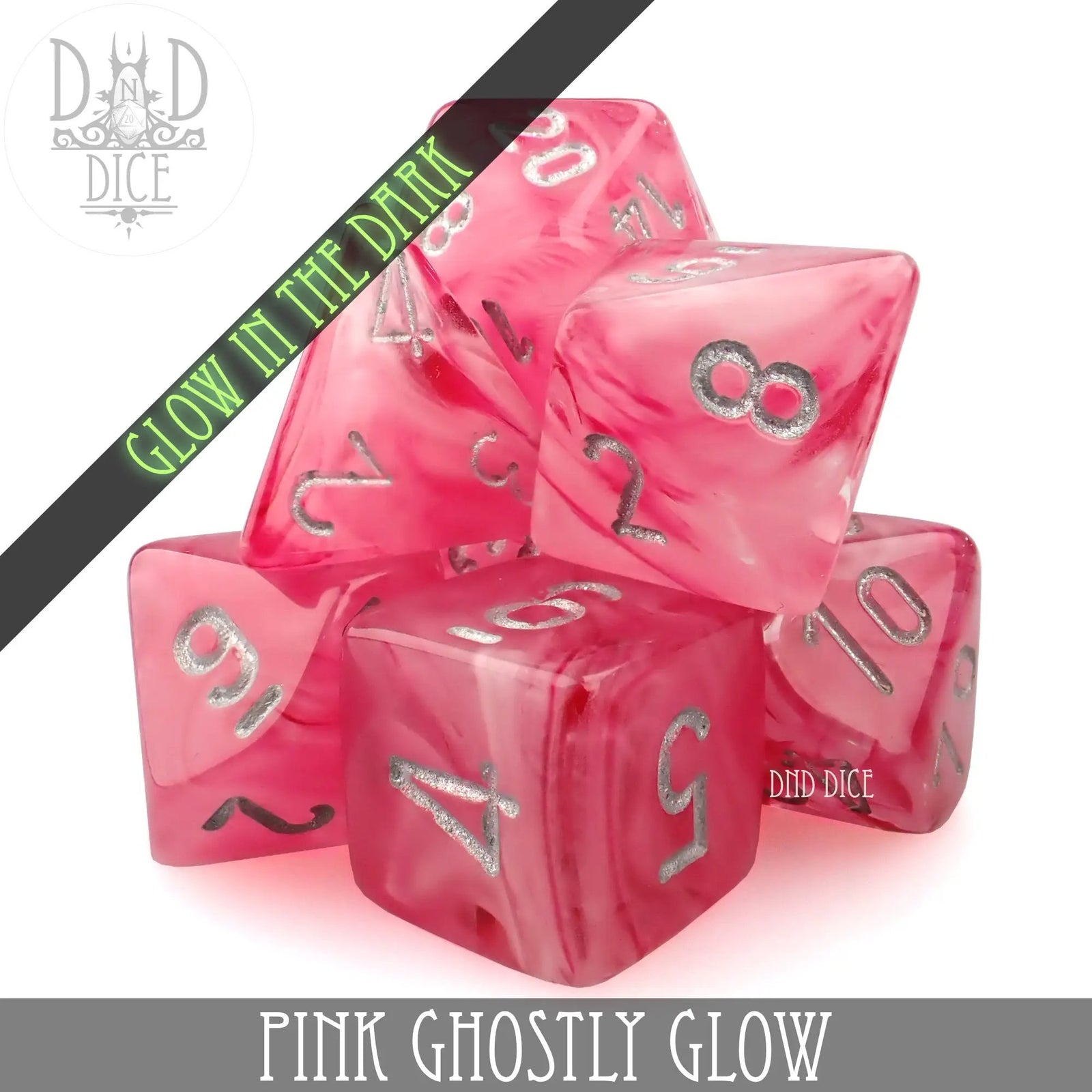 Pink Ghostly Glow Dice Set by DNDDICE.COM