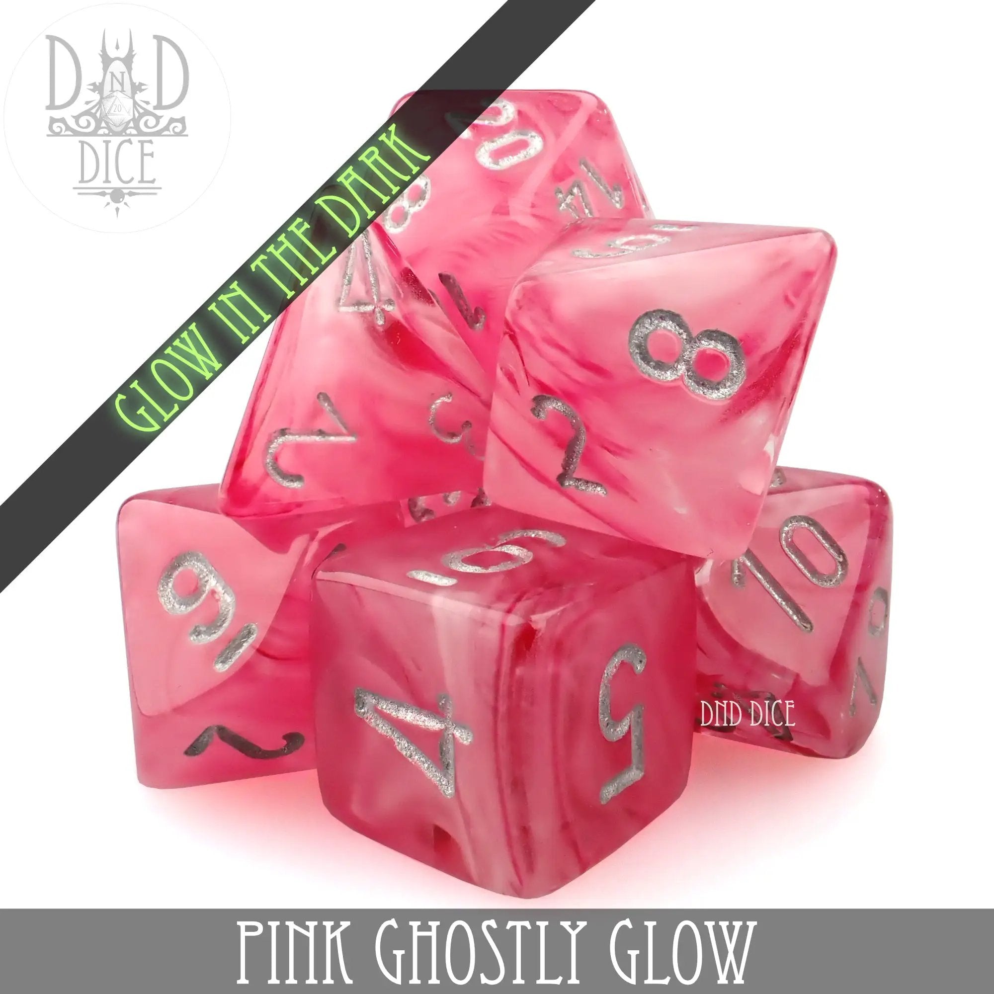 Pink Ghostly Glow Dice Set by DNDDICE.COM