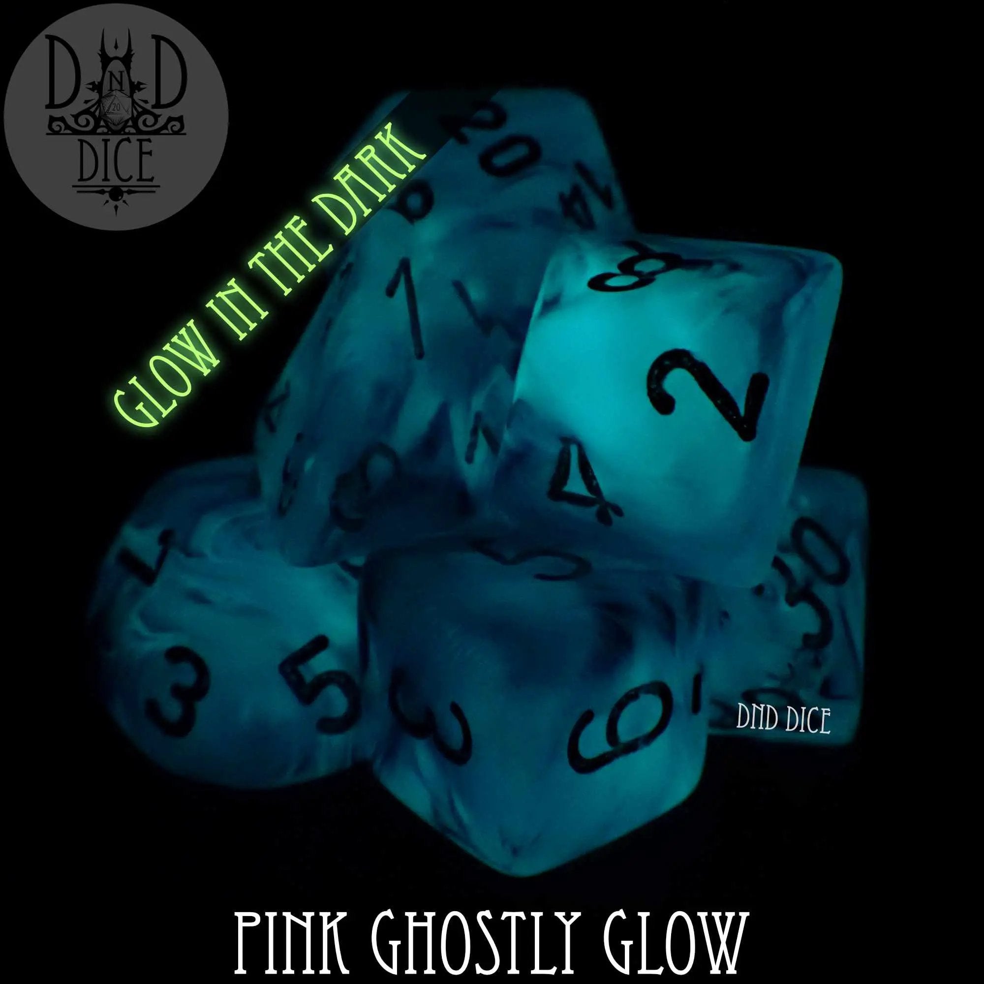 Pink Ghostly Glow Dice Set by DNDDICE.COM