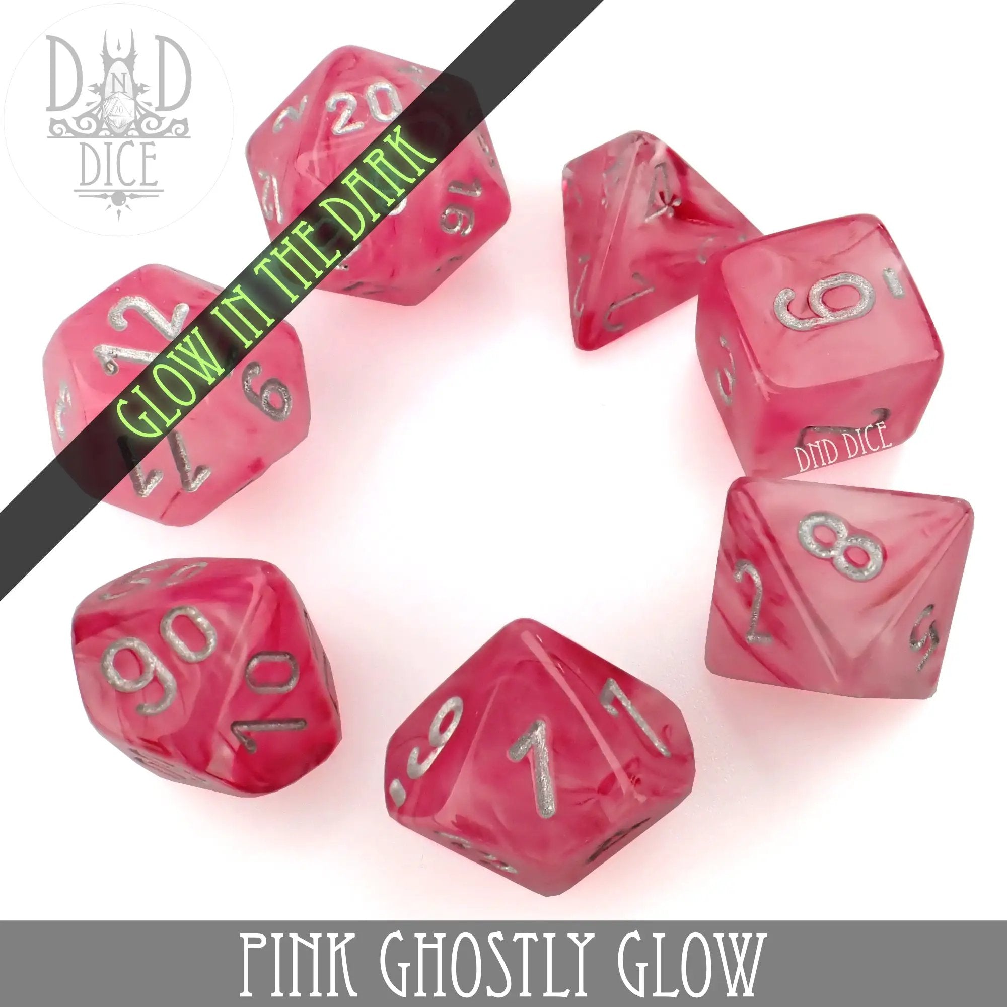 Pink Ghostly Glow Dice Set by DNDDICE.COM