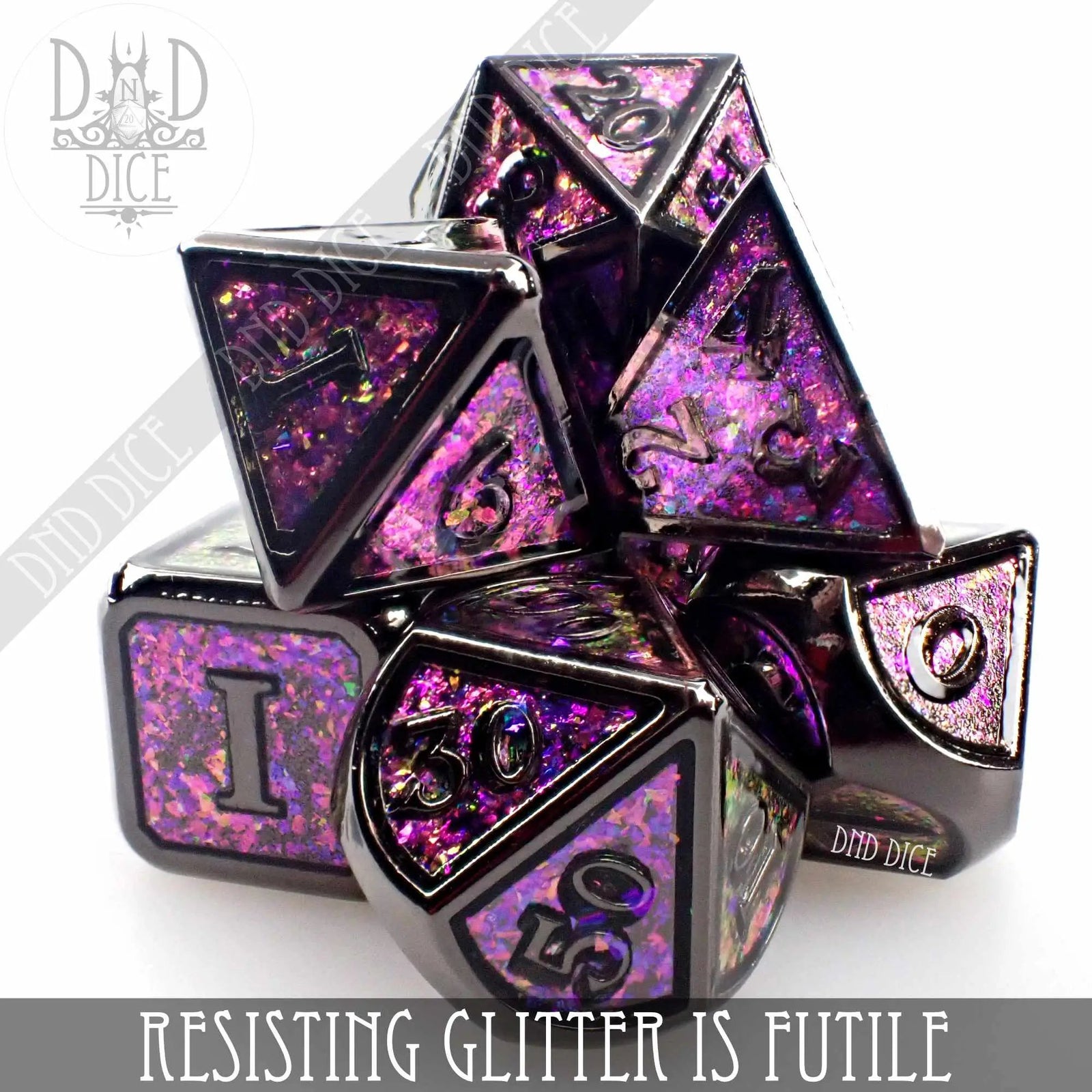 Resisting Glitter is Futile Metal Dice Set by DNDDICE.COM
