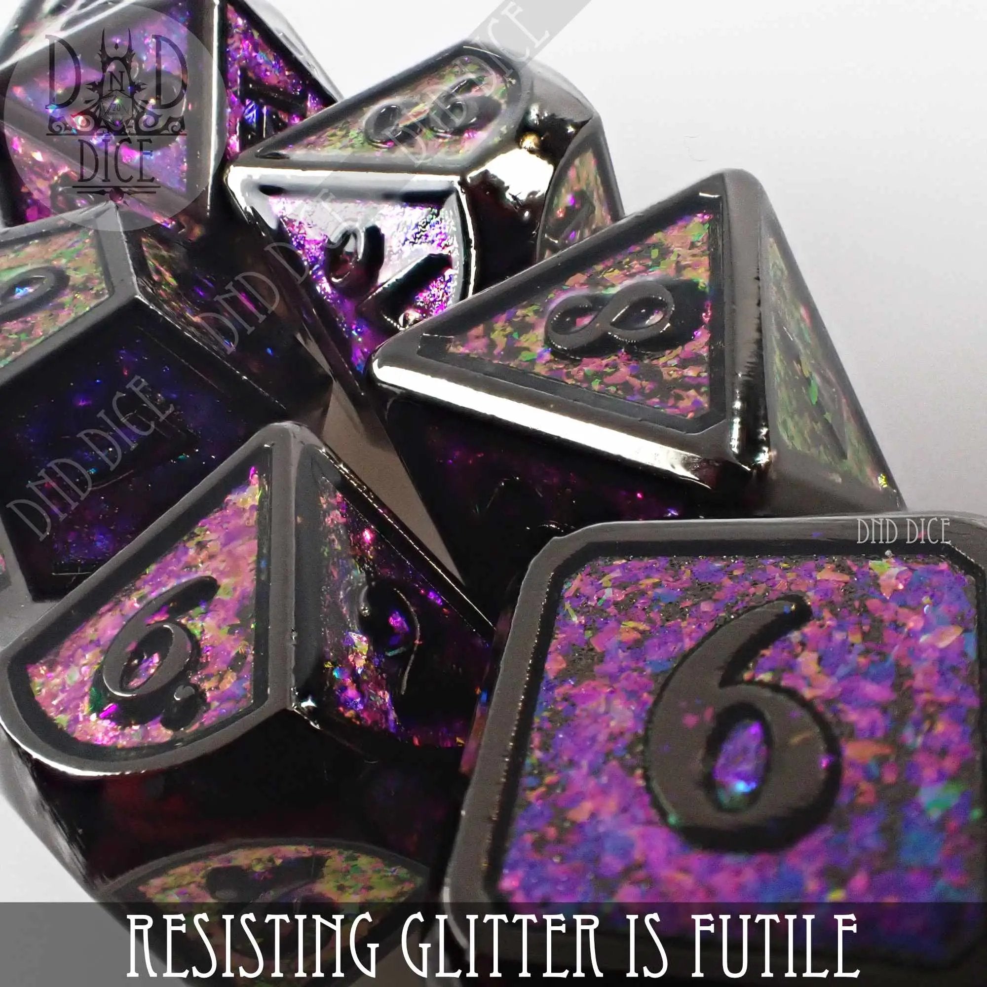 Resisting Glitter is Futile Metal Dice Set by DNDDICE.COM