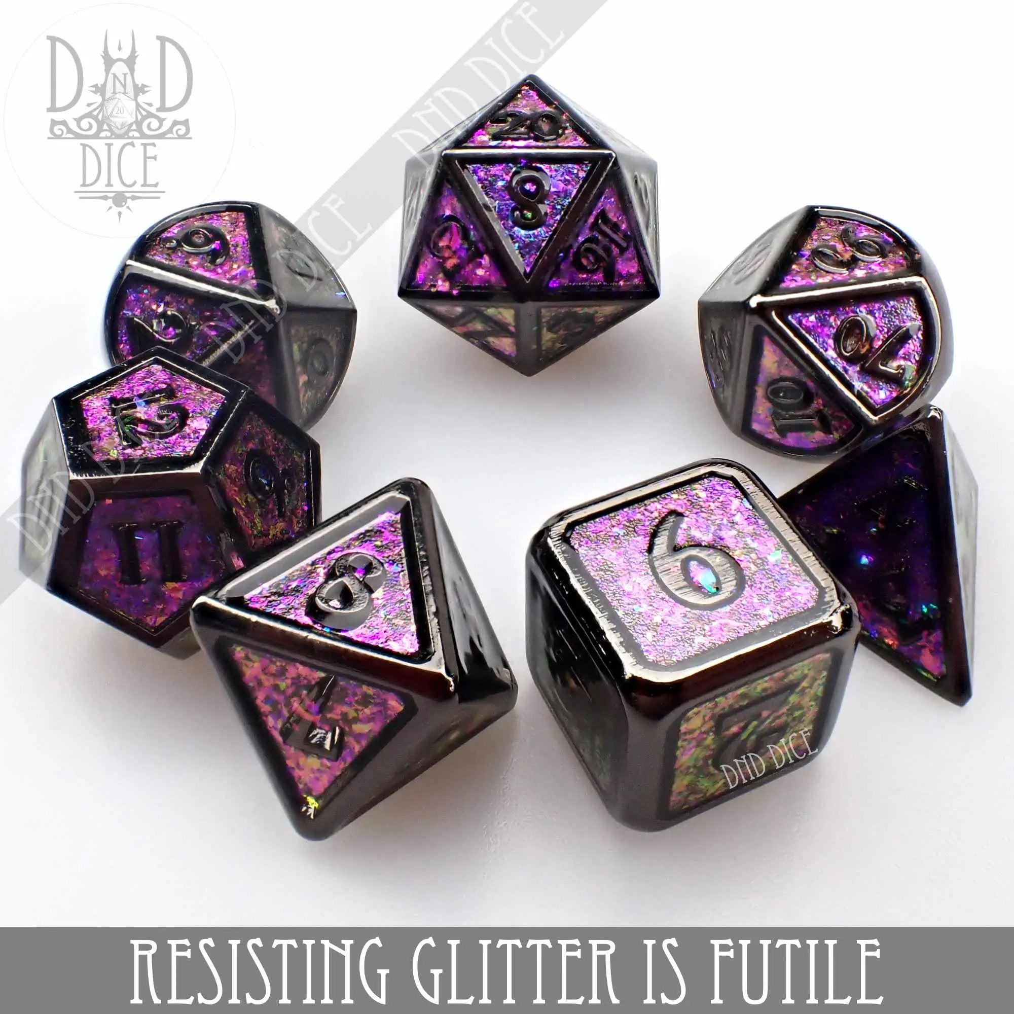 Resisting Glitter is Futile Metal Dice Set by DNDDICE.COM
