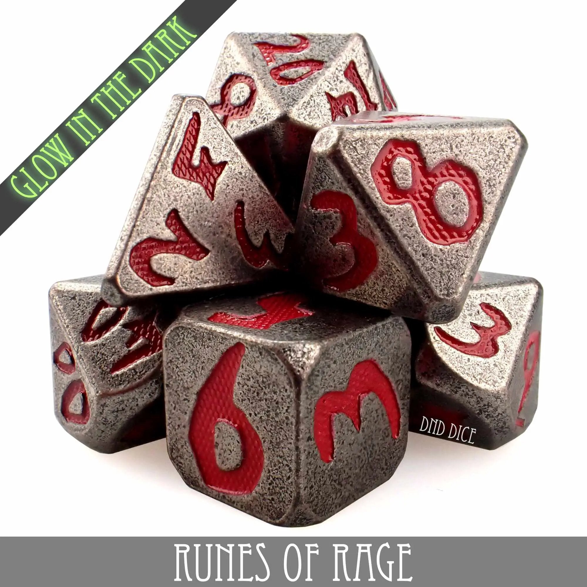 Runes of Rage Glow in the Dark Metal Dice Set by DNDDICE.COM