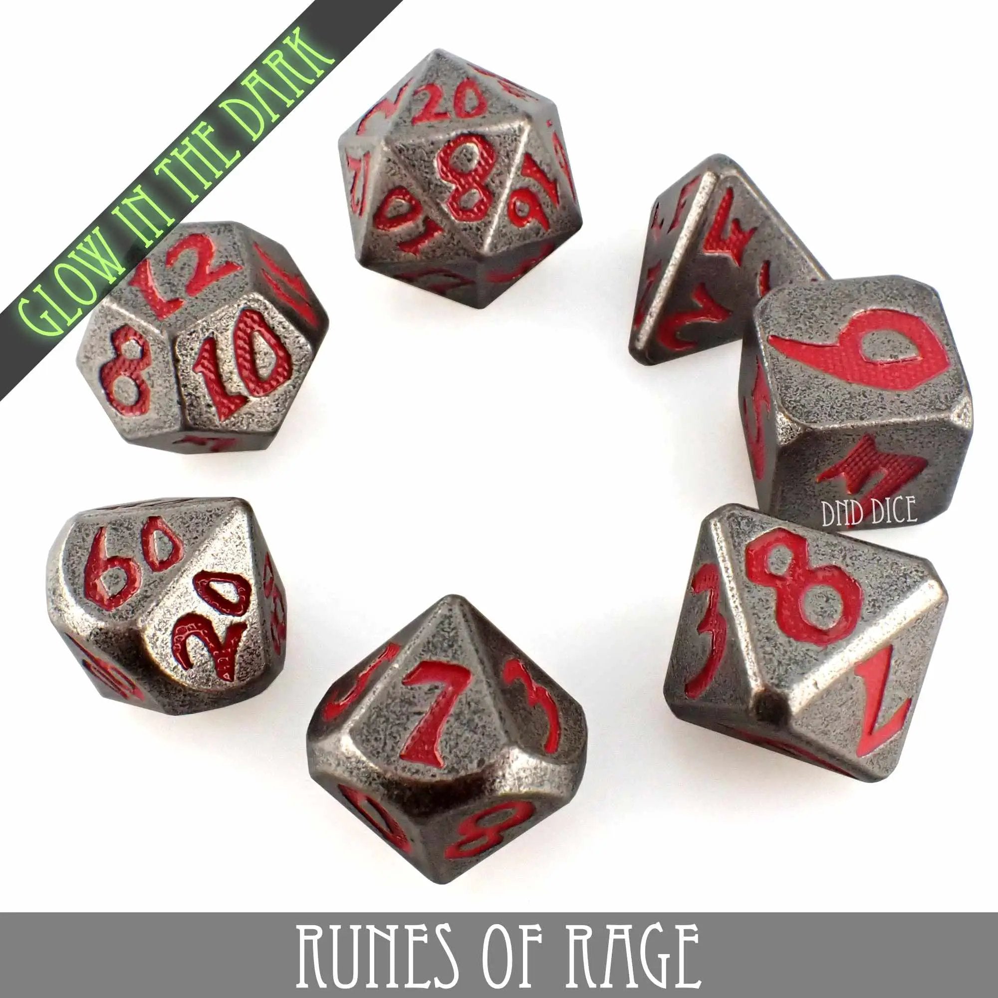 Runes of Rage Glow in the Dark Metal Dice Set by DNDDICE.COM