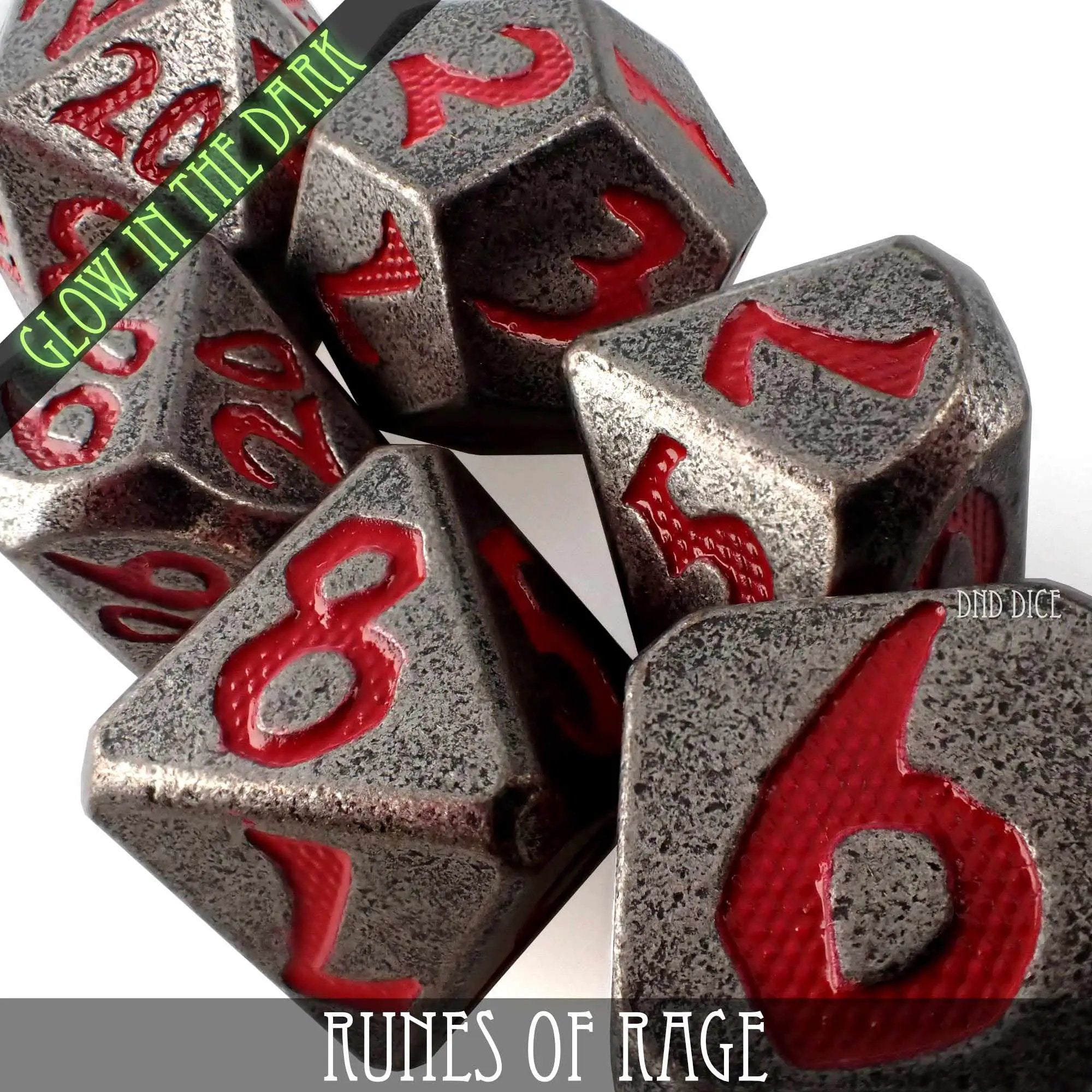 Runes of Rage Glow in the Dark Metal Dice Set by DNDDICE.COM