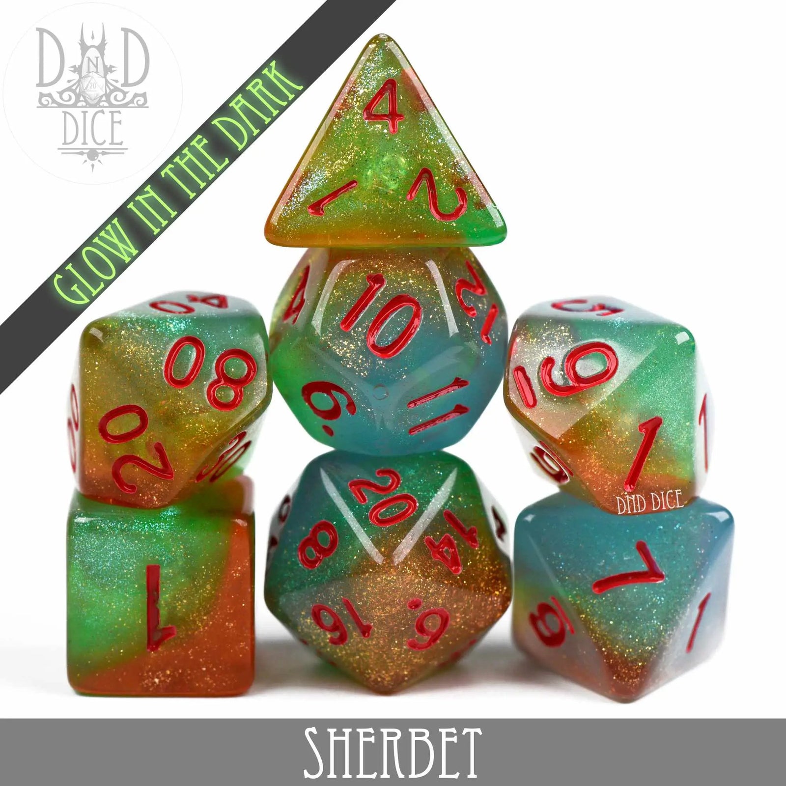 Sherbet Glow in the Dark Dice Set by DNDDICE.COM