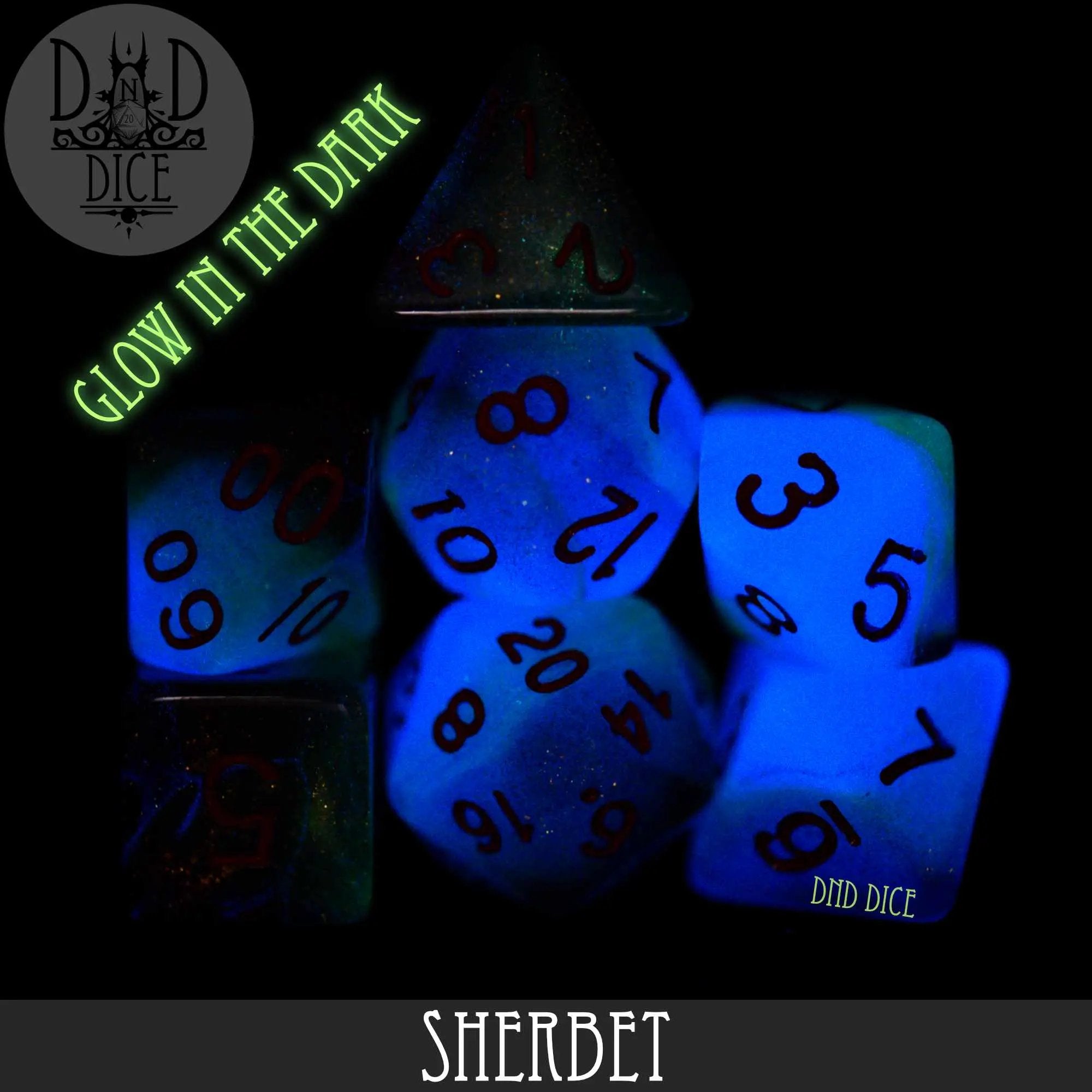 Sherbet Glow in the Dark Dice Set by DNDDICE.COM