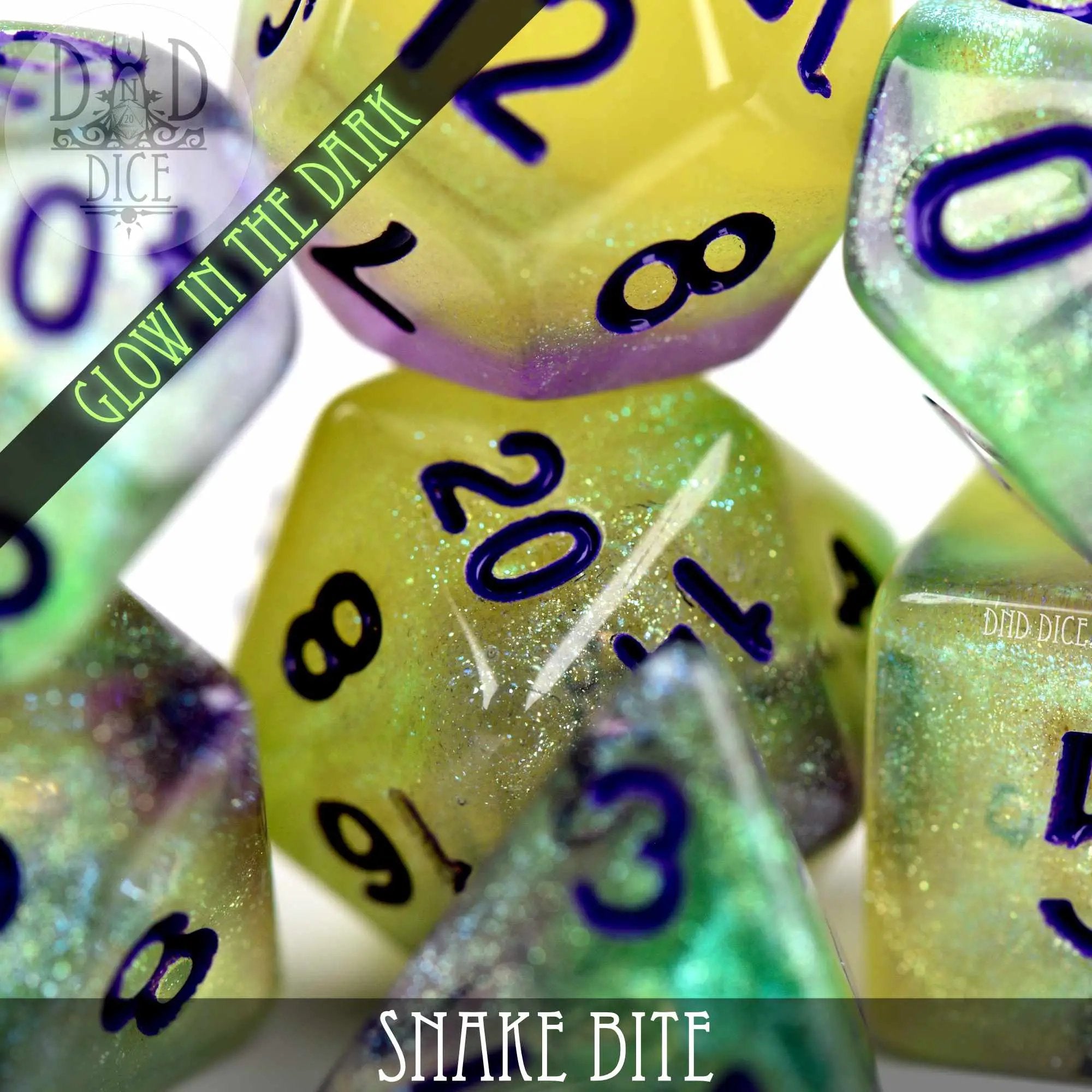 Snake Bite Glow in the Dark Dice Set by DNDDICE.COM