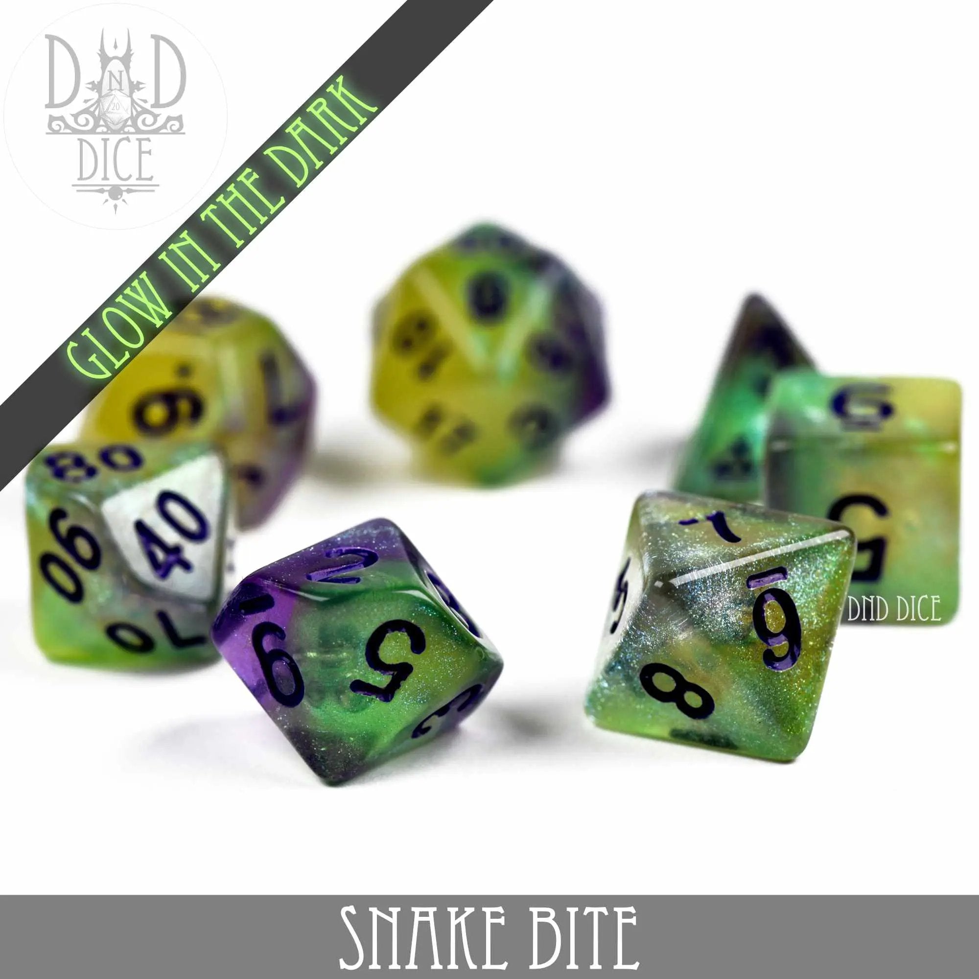 Snake Bite Glow in the Dark Dice Set by DNDDICE.COM