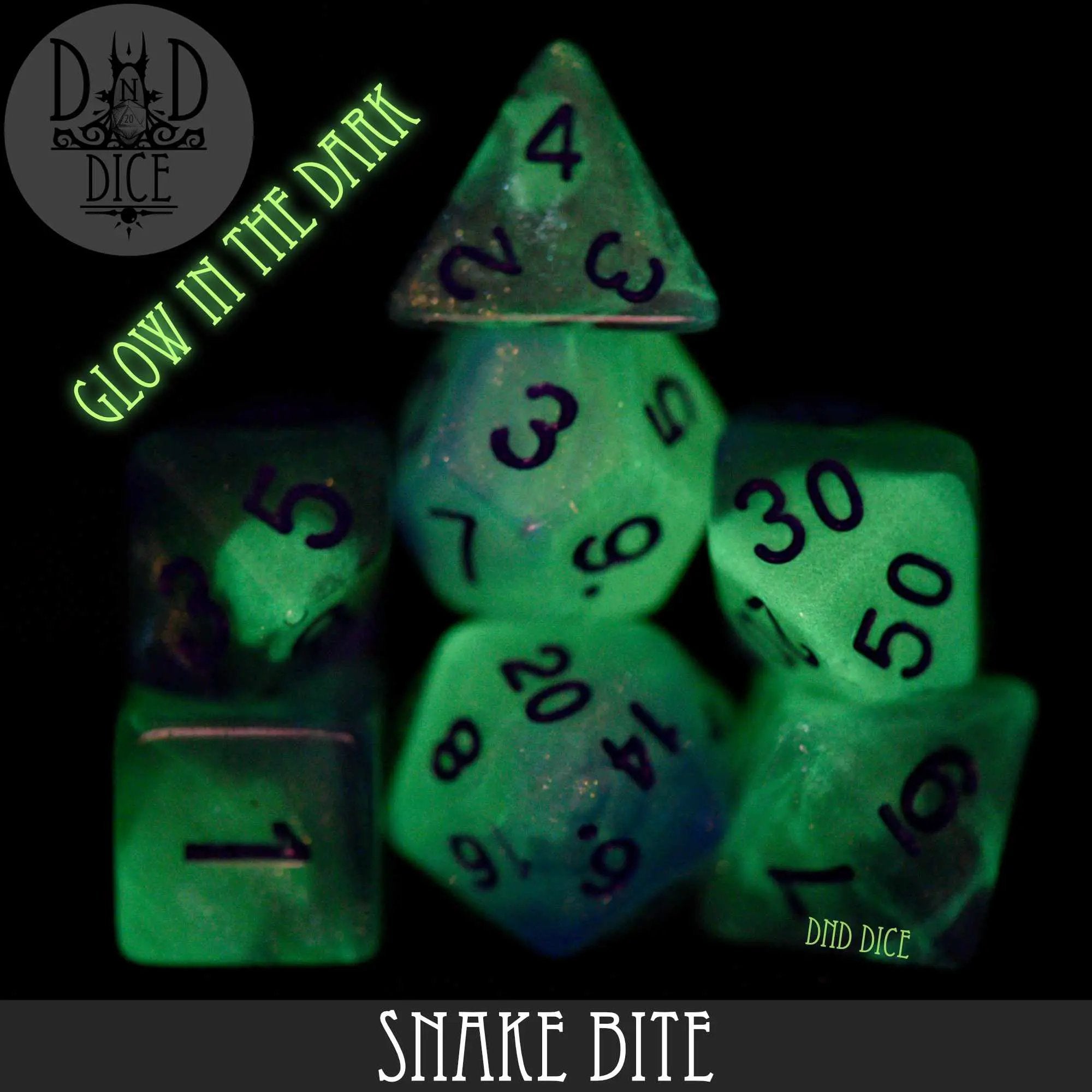 Snake Bite Glow in the Dark Dice Set by DNDDICE.COM