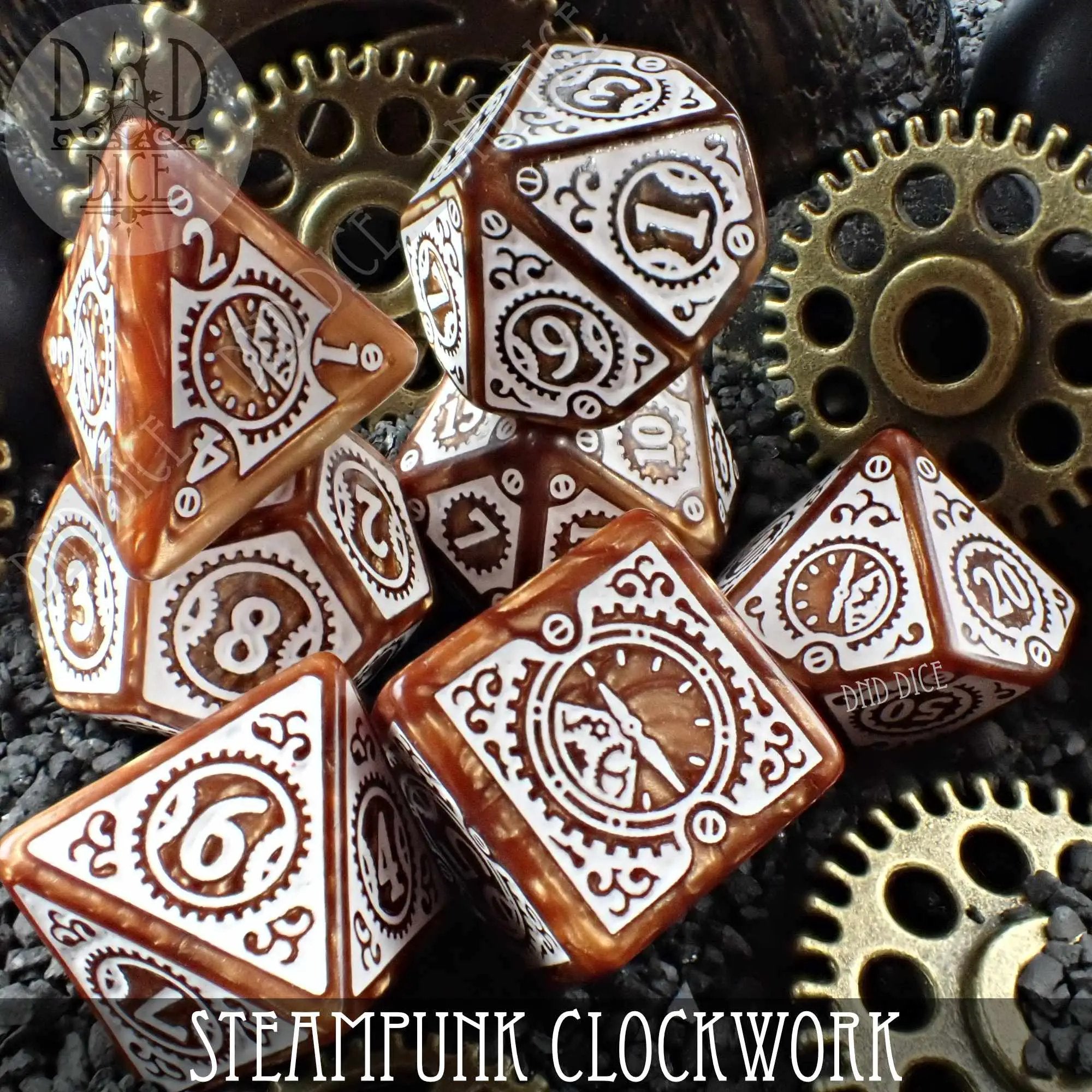 Steampunk Clockwork Caramel Dice Set by DNDDICE.COM