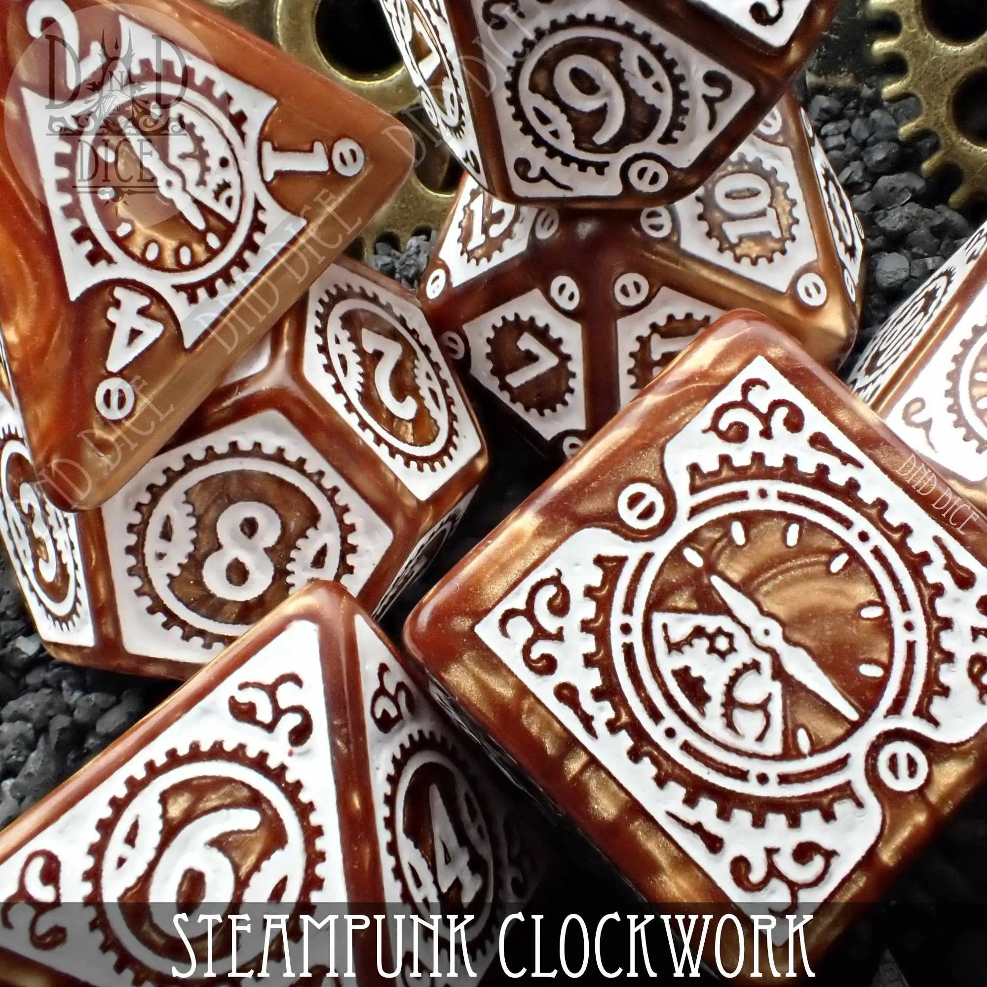 Steampunk Clockwork Caramel Dice Set by DNDDICE.COM