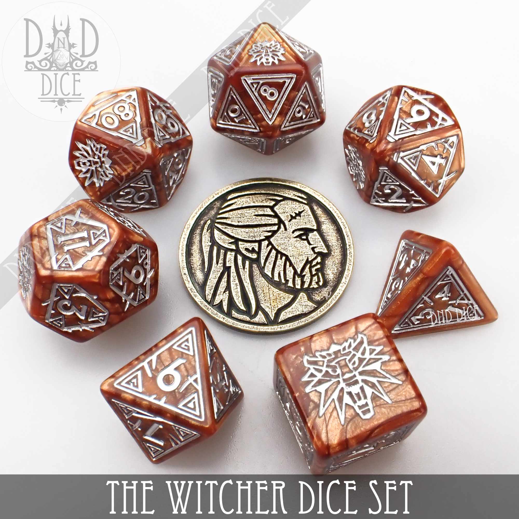 The Witcher Dice Set and Coin - Geralt by DNDDICE.COM