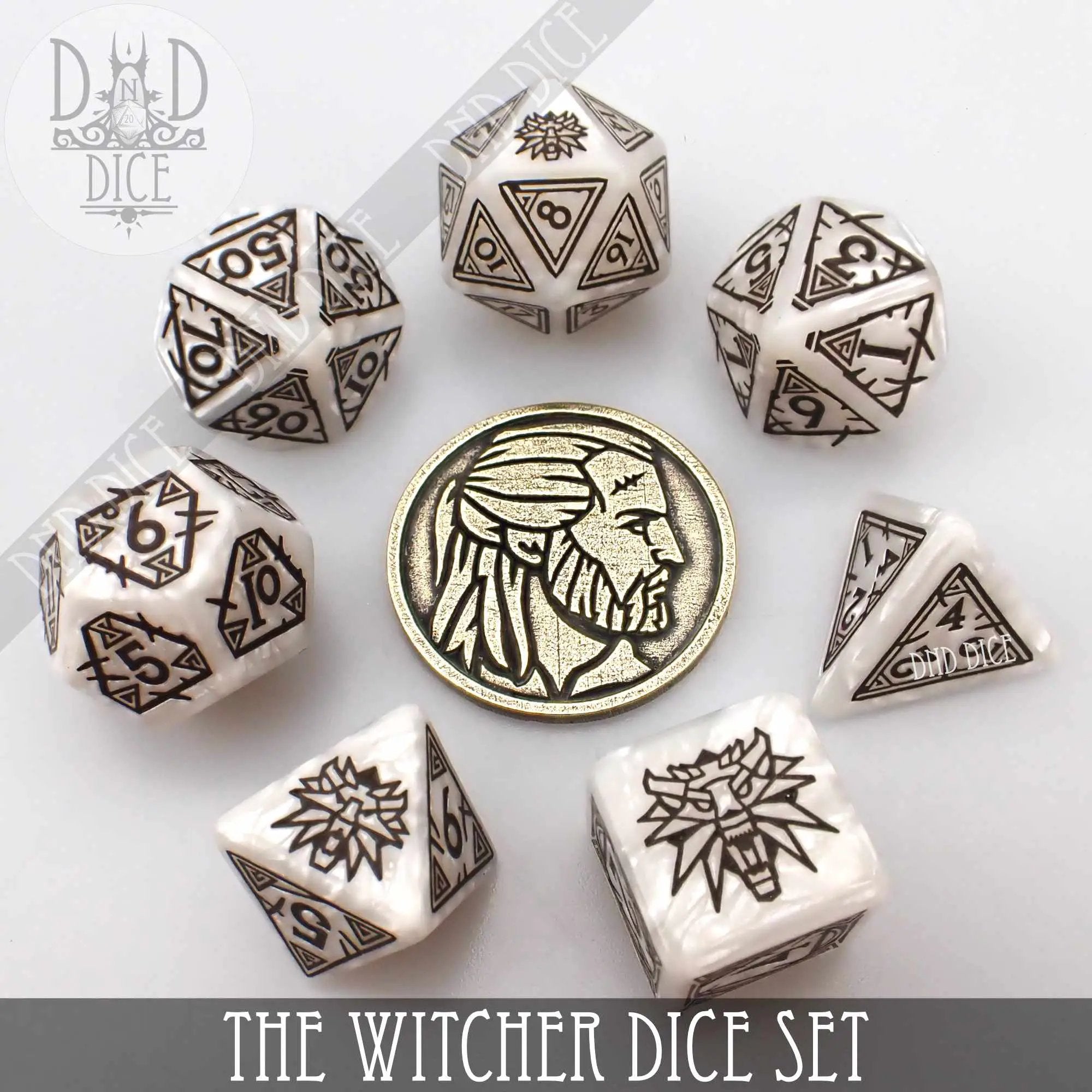 The Witcher Dice Set and Coin - Geralt by DNDDICE.COM