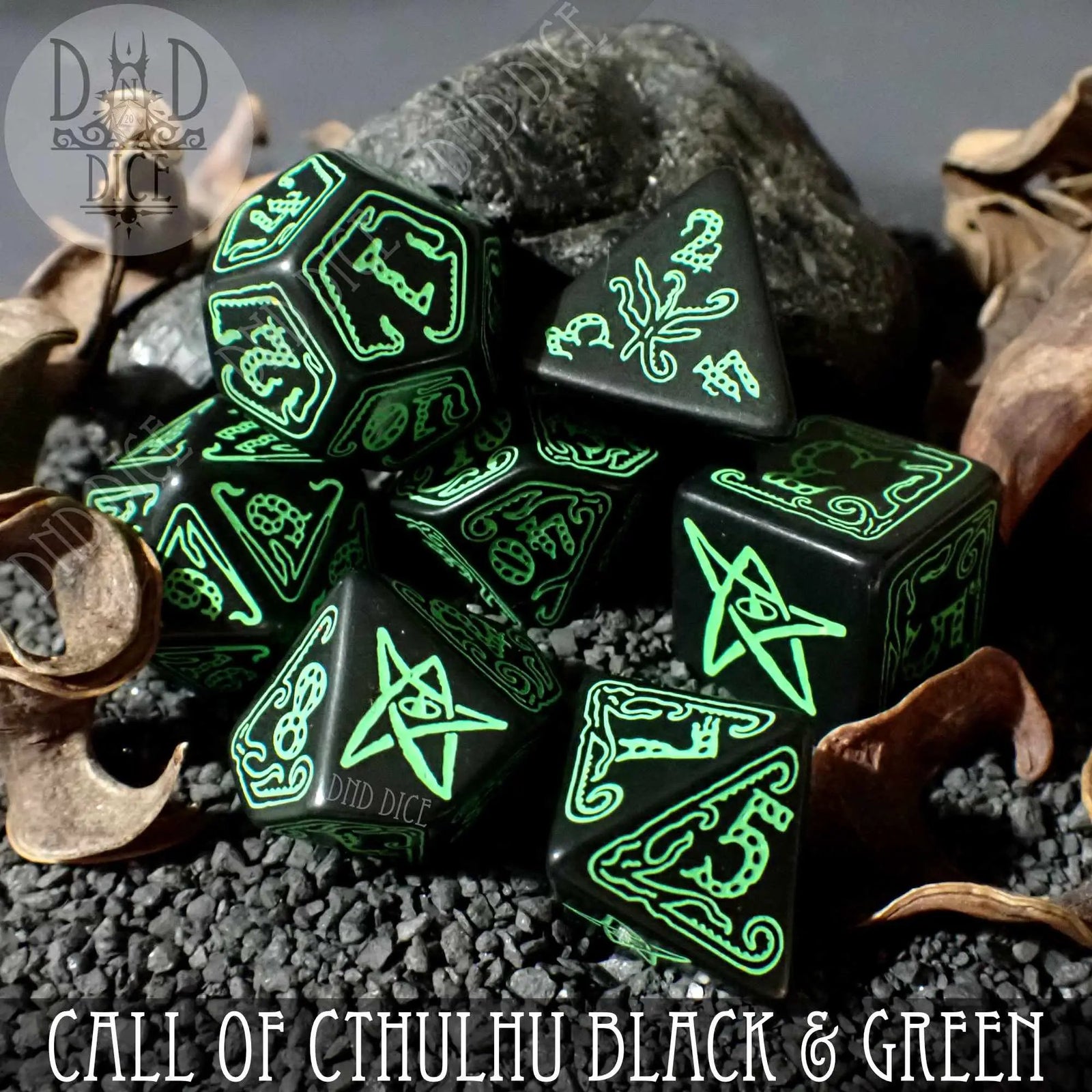 Call of Cthulhu Black & Green Dice Set by DNDDICE.COM