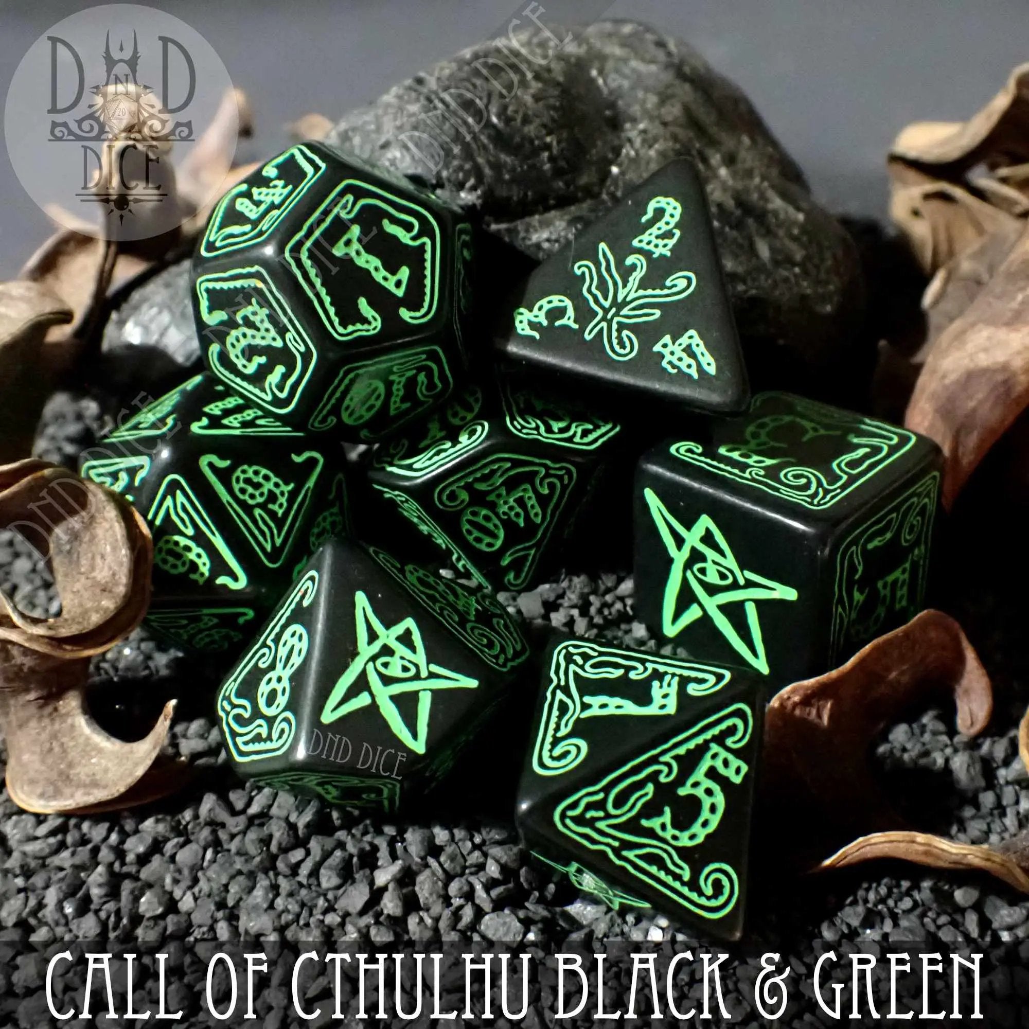 Call of Cthulhu Black & Green Dice Set by DNDDICE.COM