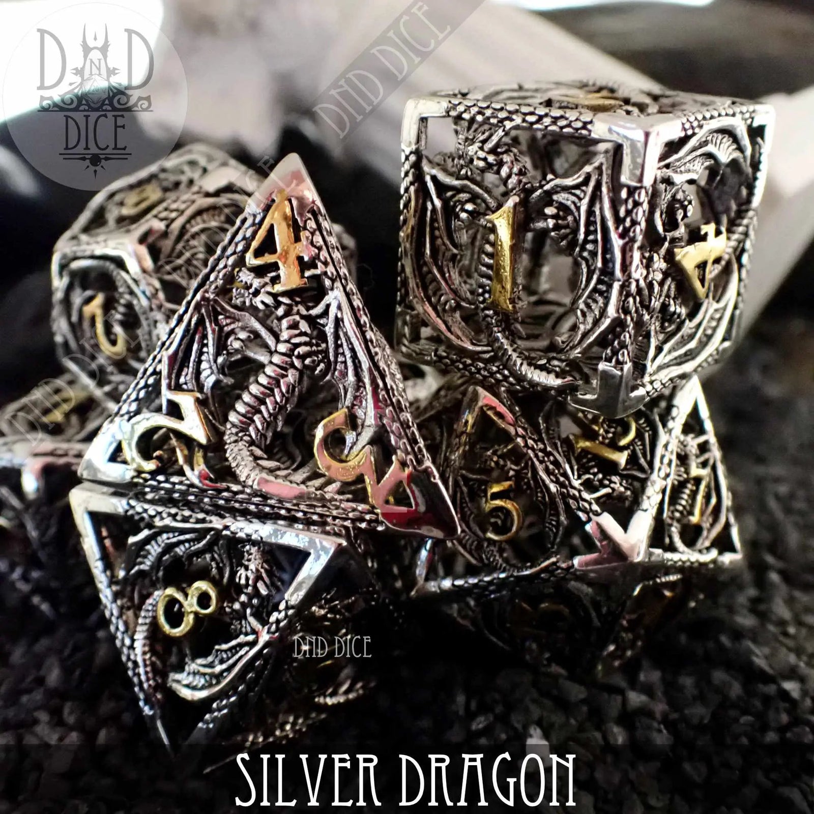 Silver Dragon Metal Dice Set (Gift Box) by DNDDICE.COM