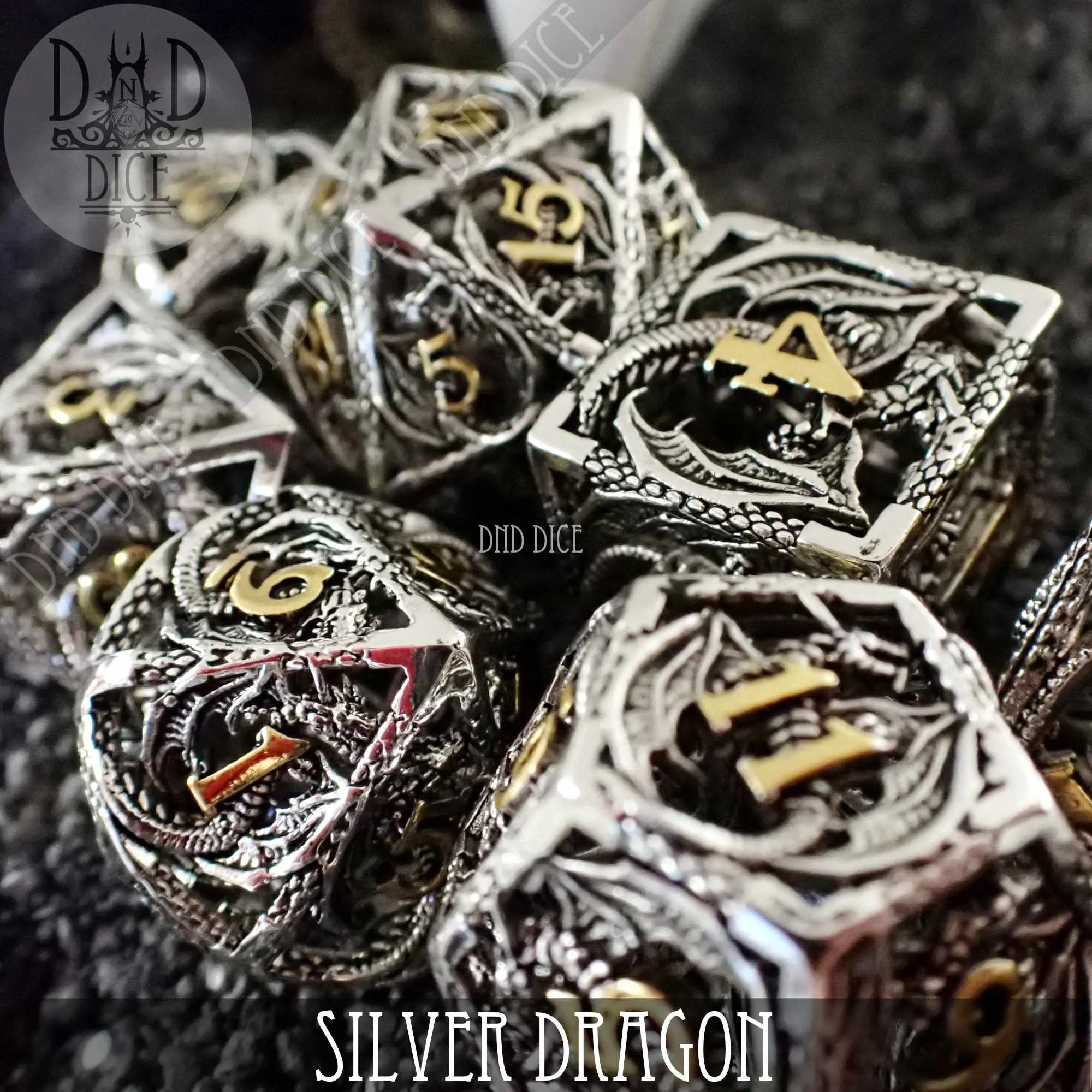 Silver Dragon Metal Dice Set (Gift Box) by DNDDICE.COM