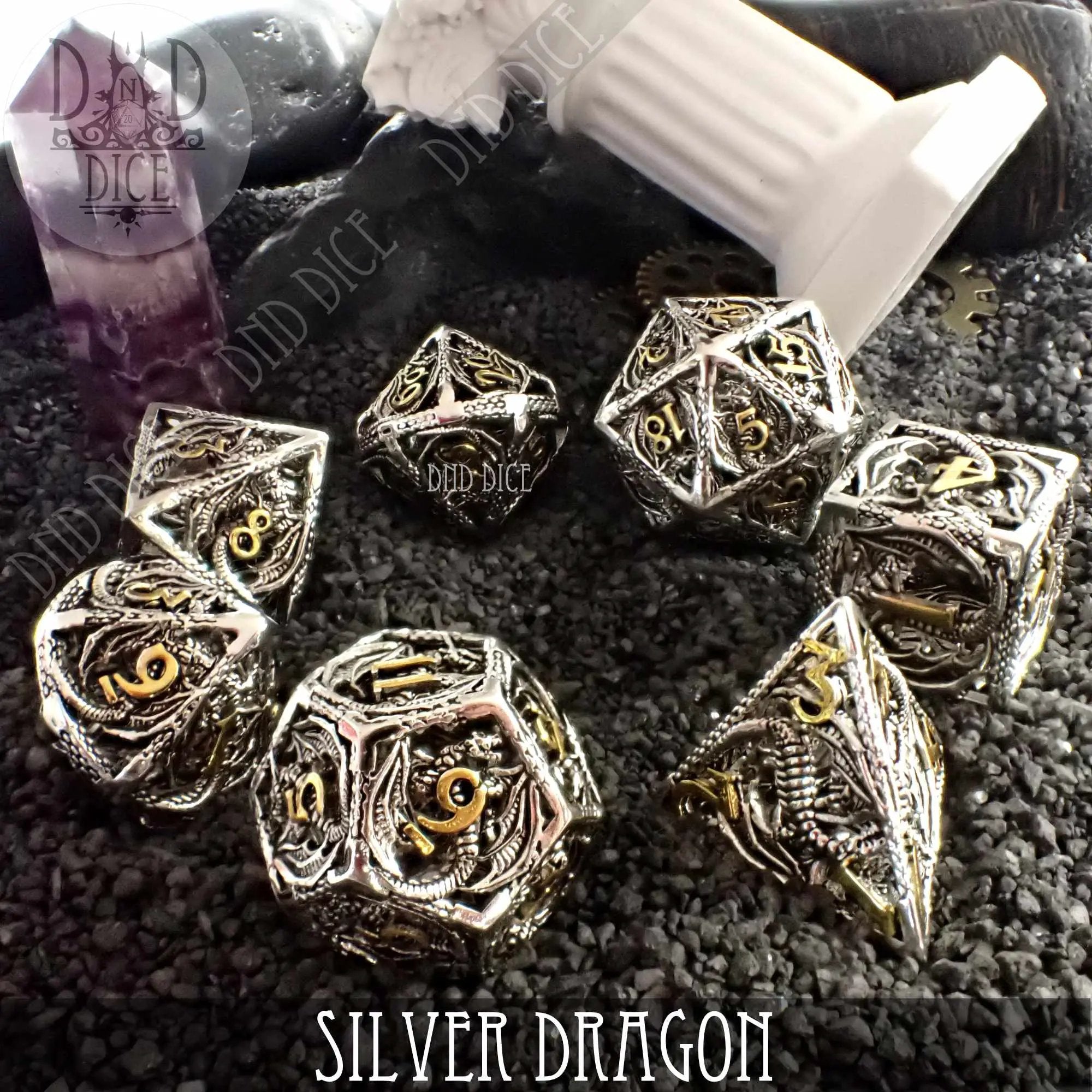 Silver Dragon Metal Dice Set (Gift Box) by DNDDICE.COM