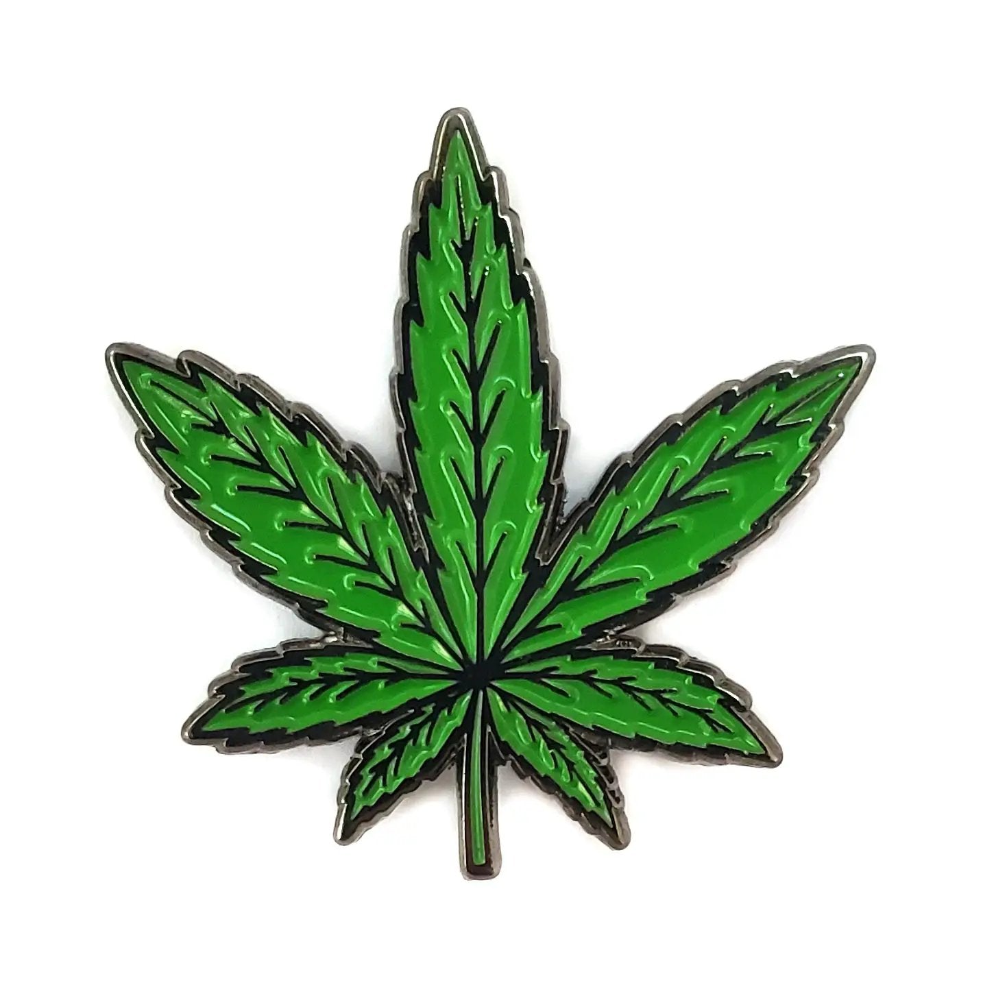 Black nickel weed leaf pin by Kolorspun, detailed metal pin featuring a realistic cannabis leaf design.