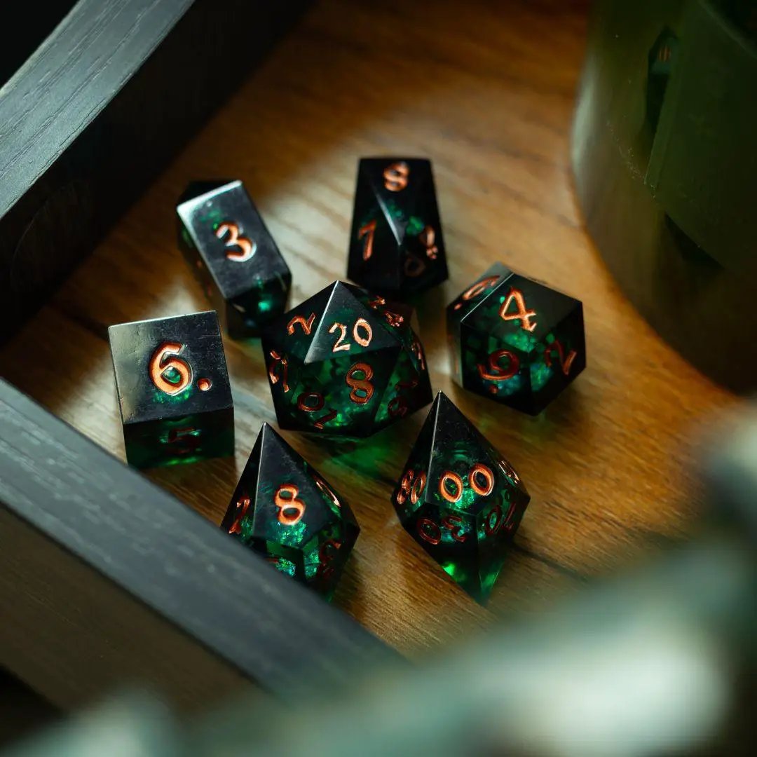 Runic Dice Witchwood Heart Liquid Core DND dice set featuring intricately designed transparent dice with swirling liquid core.
