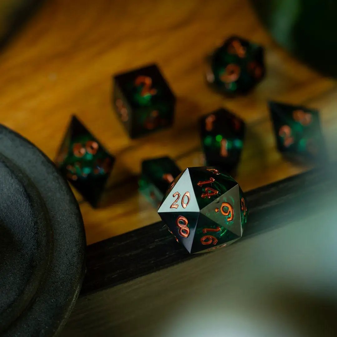 Runic Dice Witchwood Heart Liquid Core DND dice set featuring transparent dice with swirling liquid core and heart-shaped accents.