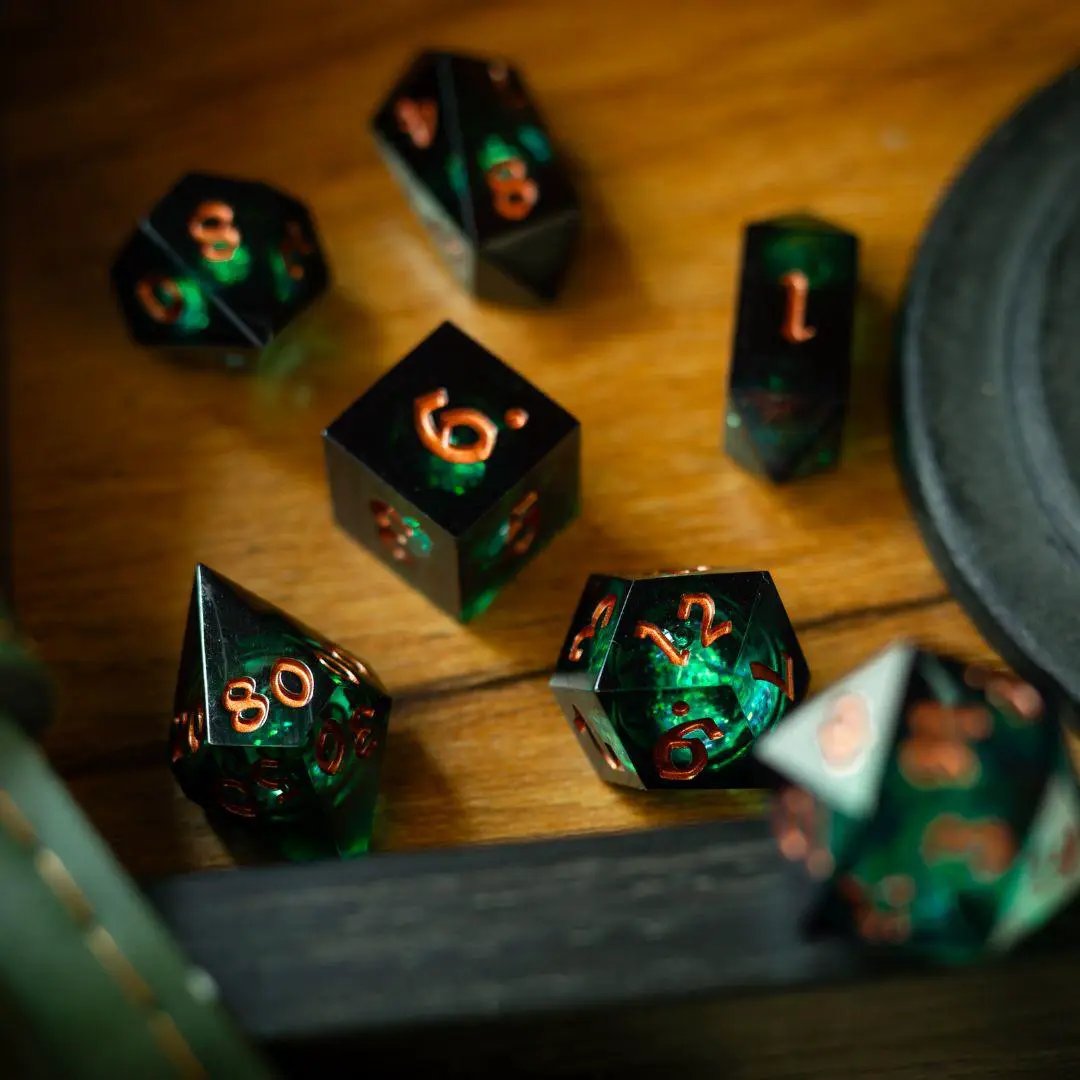 Runic Dice Witchwood Heart Liquid Core DND dice set with clear, colorful liquid-filled dice featuring heart-shaped designs.