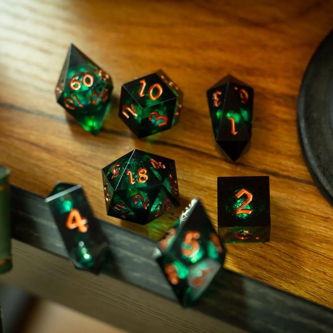Runic Dice Witchwood Heart Liquid Core DND dice set featuring translucent dice with a liquid core and a witchwood heart design.