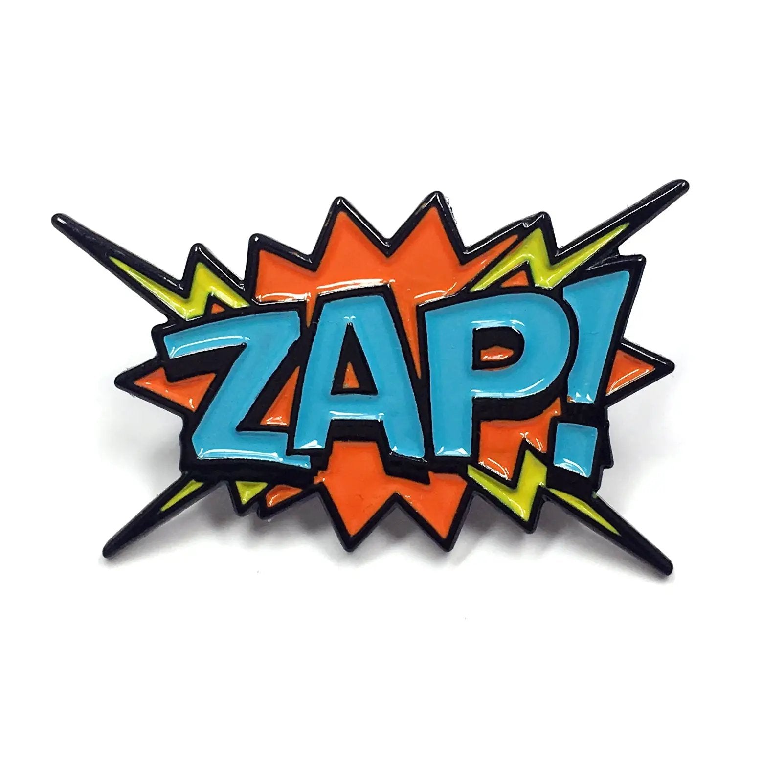 Blue ZAP! pop art pin by Kolorspun featuring a vibrant comic-style lightning bolt design.